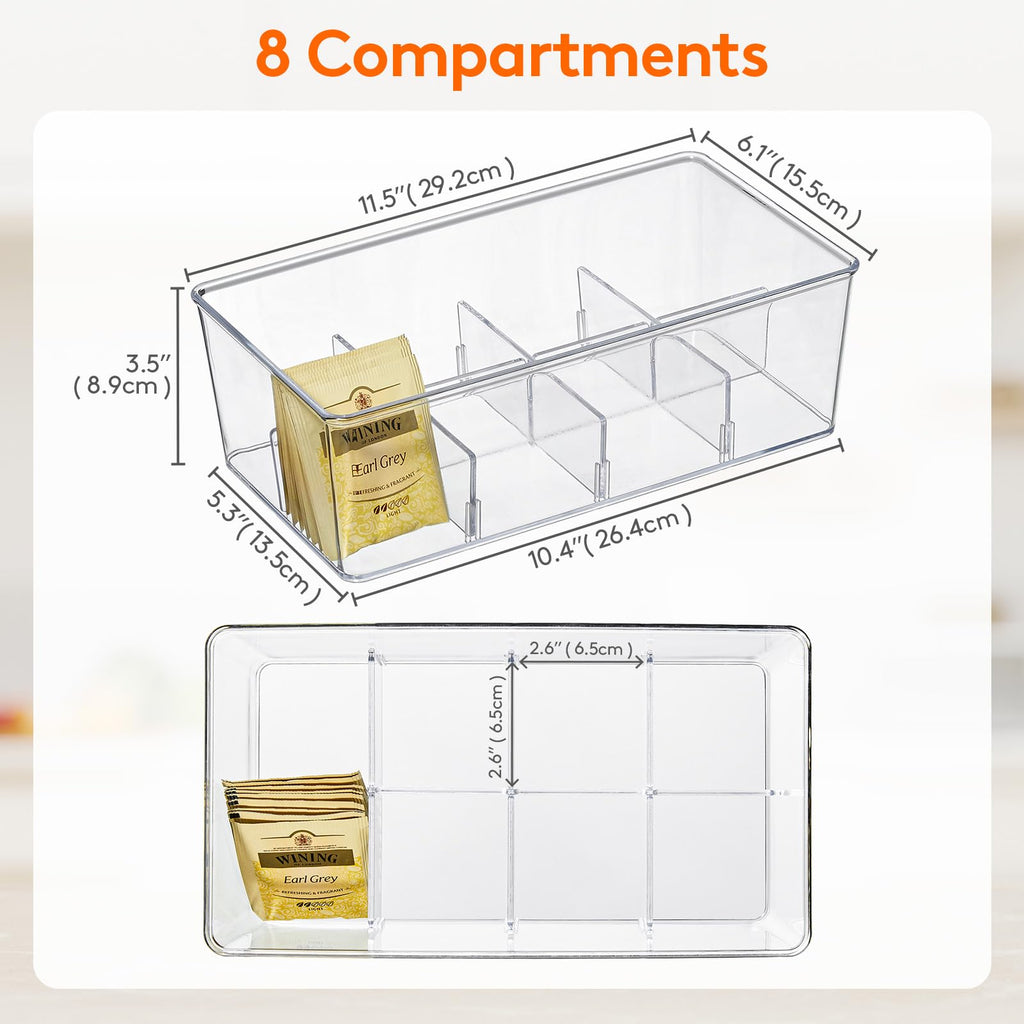 Lifewit 2 Pack Plastic Stackable Tea Bag Organizer, Divided Storage Bin Box for Kitchen Cabinets, Countertops, Pantry, Hold Coffee Pods, Sugar Packets, Condiments, 8 Sections