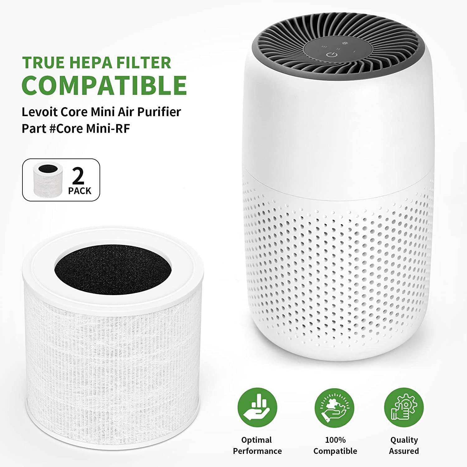 Core Mini-RF Filter Compatible with LEVOIT Core Mini Air Purifier, 3-in-1 H13 HEPA High-Efficiency Activated Carbon filter for LEVOIT Replacement, 2 Filters + 10 Aroma Pads (White)