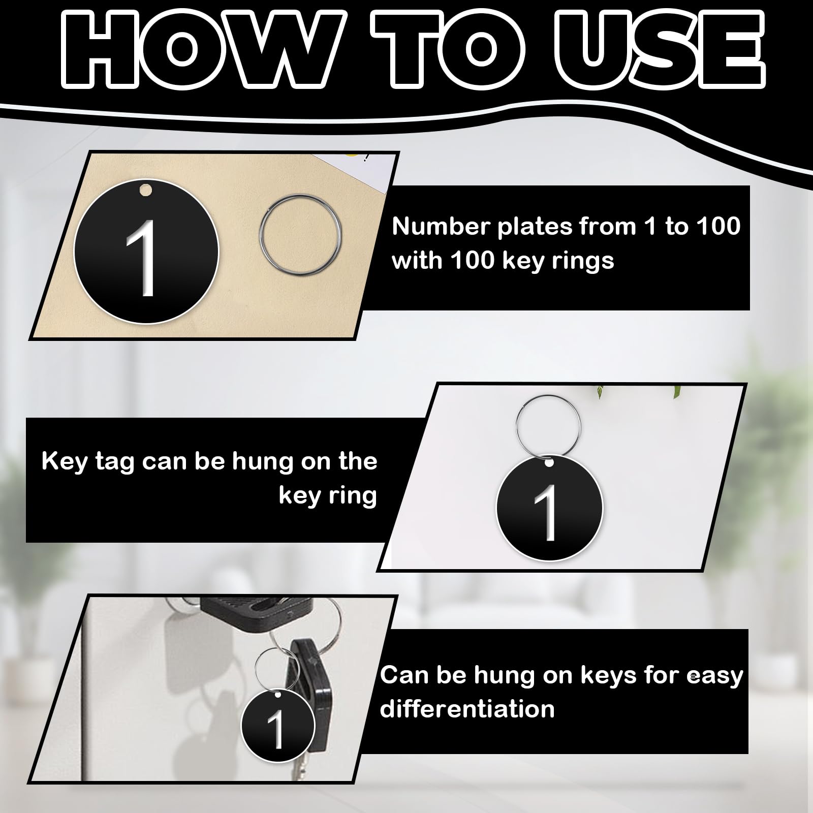 1-100 Number Tags, 35mm Engraved Round Numbered Marking Identification Tags with Metal Rings for Organized Coded Key Box Cabinet Plant Coding Tag (Black)