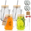 Magicsky Mason Jar Cups with Handles, Vintage 16 oz Glass Iced Coffee Cup with Bamboo Lids and Straws, Pint Drinking Jars Mug for Smoothie, Cold Drinks, Juice, Party Beverages, Set of 4