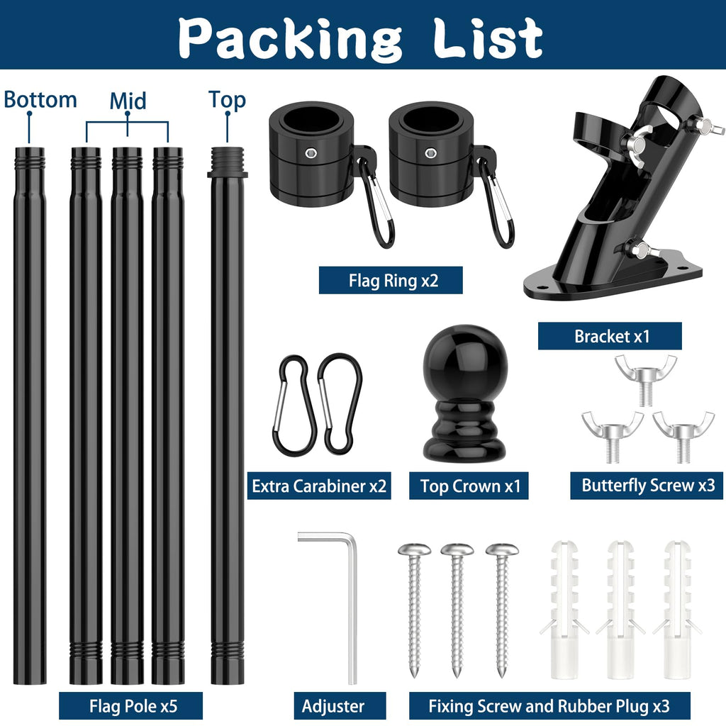 Hanotic Flag Pole Kit, 6FT Flag Poles Outdoor with Upgraded Bracket, Adjustable Length, 360° Tangle Stainless Steel, Residential or Commercial, for Garden, Yard, Patio (Without Flag, Black)