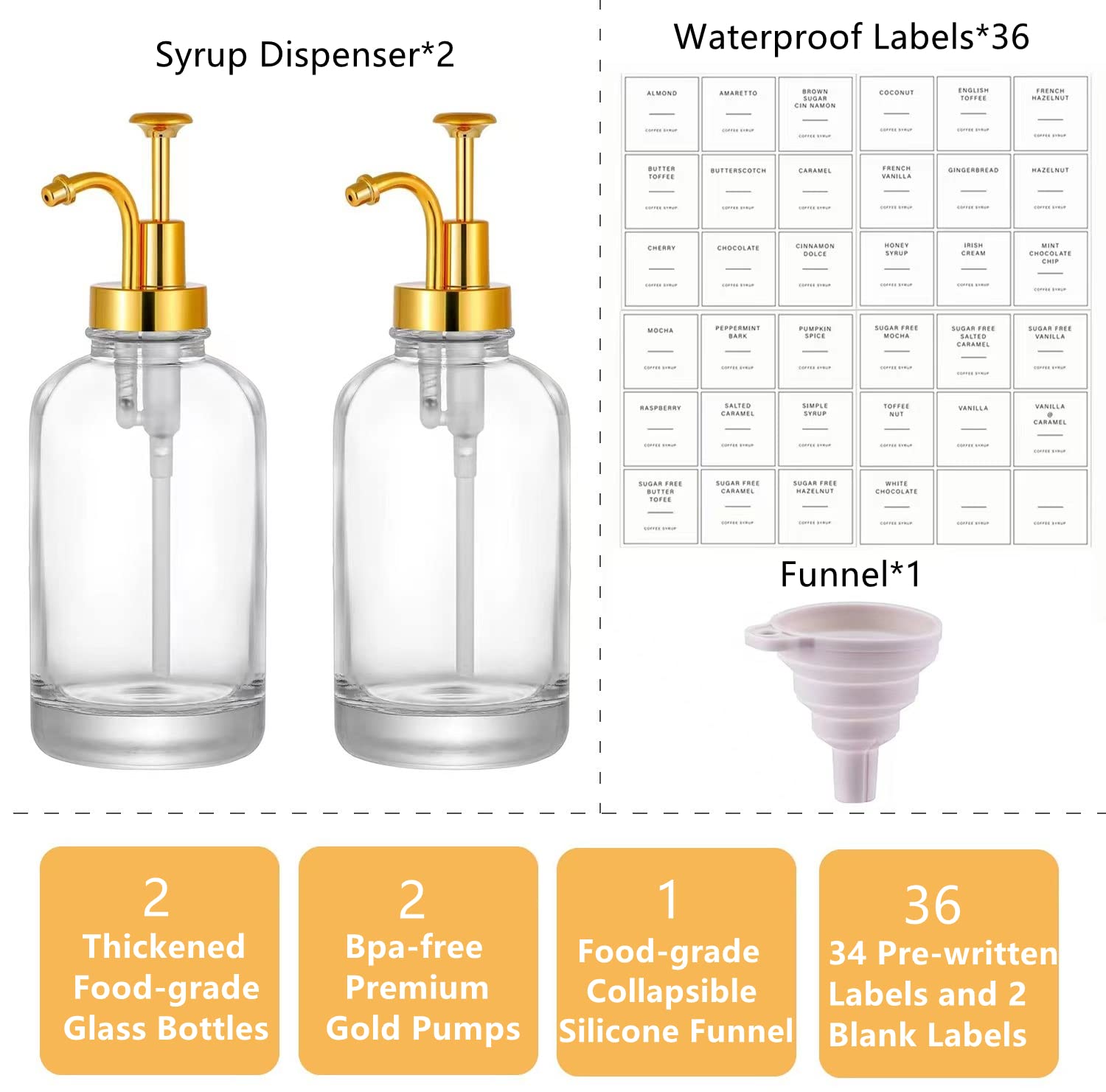 Coffee Syrup Dispenser with 36 Labels and Pump,Coffee Pump Dispenser,Simple Glass Syrup Bottle for Bar,16.9oz 500ml,Set of 2 (Gold)