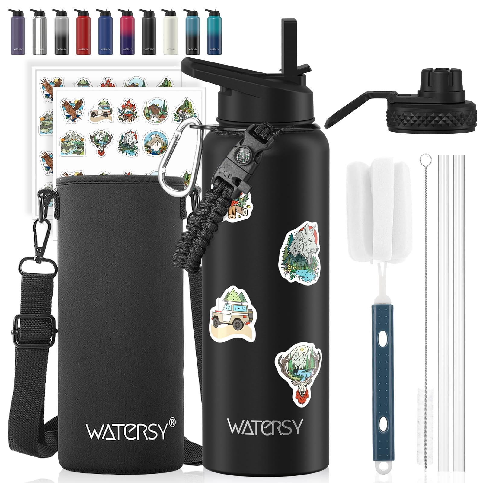 40oz Insulated Water Bottle (Cold for 48 Hrs),BPA Free&Leak Proof,Stainless Steel Water Flask,Water Jug with Straw Spout Lids for Gym,Hiking,Travel,Black