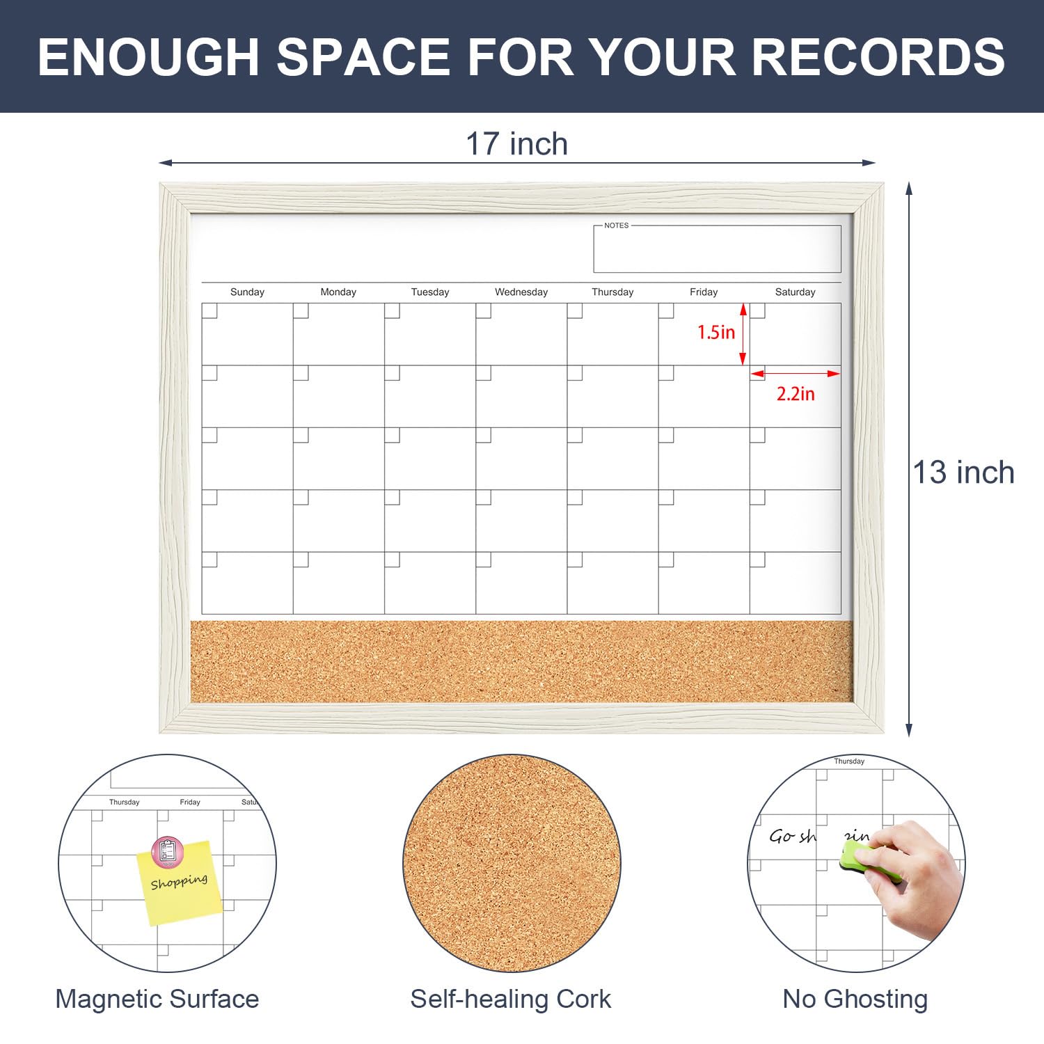 TANKEE 17"x13" Whiteboard Calendar Cork Board Combo, Magnetic White Board Monthly Calendar with Wood Framed, Hanging Dry Erase Board for Kitchen Home Office Planner