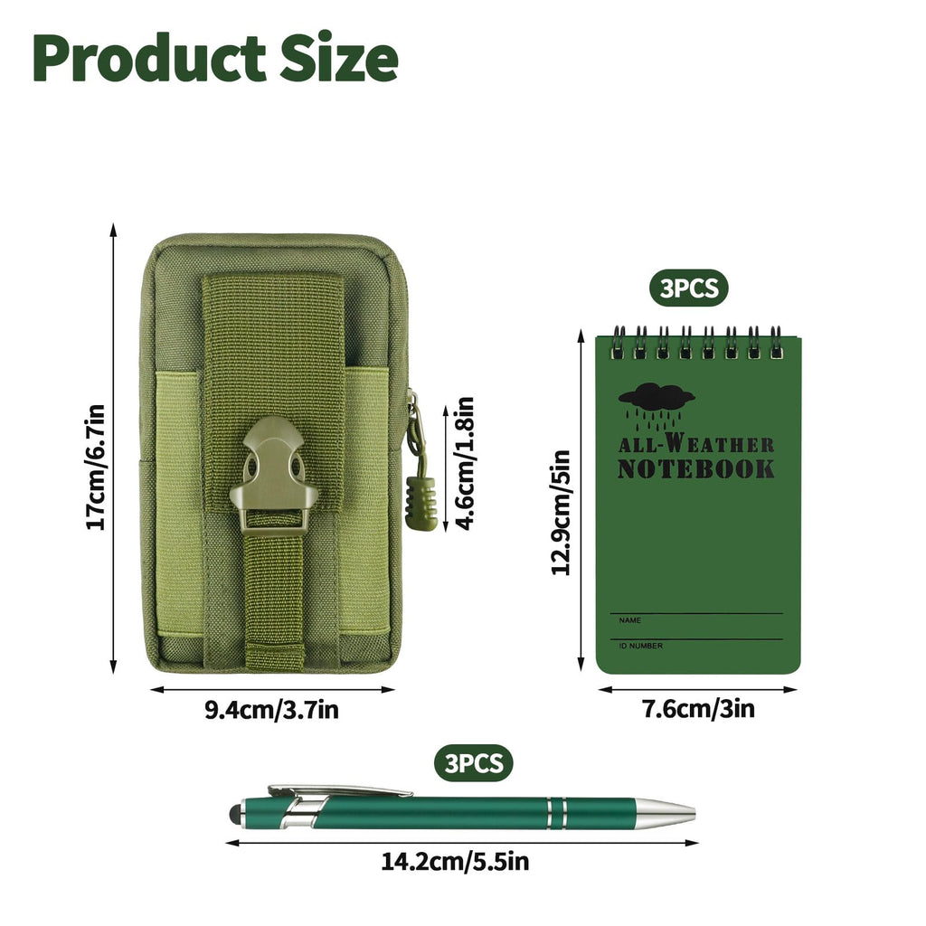 7 Piece Waterproof Notebook Set, 3 X 5 Inch Write in The Rain Notebook All Weather with Pen and Waterproof Multi Functional Waist Pack for Outdoor Activities Recording (Army Green)
