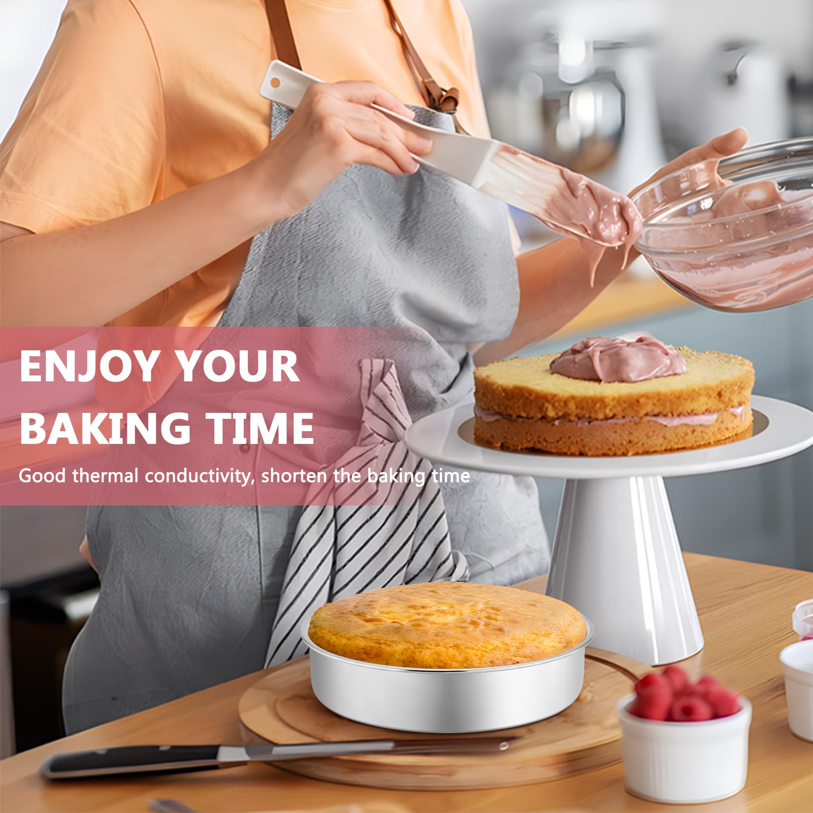 P&P CHEF 8 Inch Cake Pan Set, 3 Pcs Round Baking Pans Stainless Steel Layer Birthday Wedding Cake Pans, Fit Oven/Pots/Pressure Cooker, Non Toxic & Heavy Duty, Dishwasher Safe
