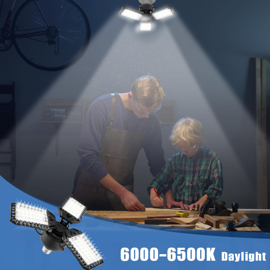 Aoretic LED Garage Lights Bulb-2 Pack Led Shop Light with 3 Deformable Panels, Basement Barn Light Garage Ceiling Lights, E26/E27 for Garage, Warehouse, Shop, Basement