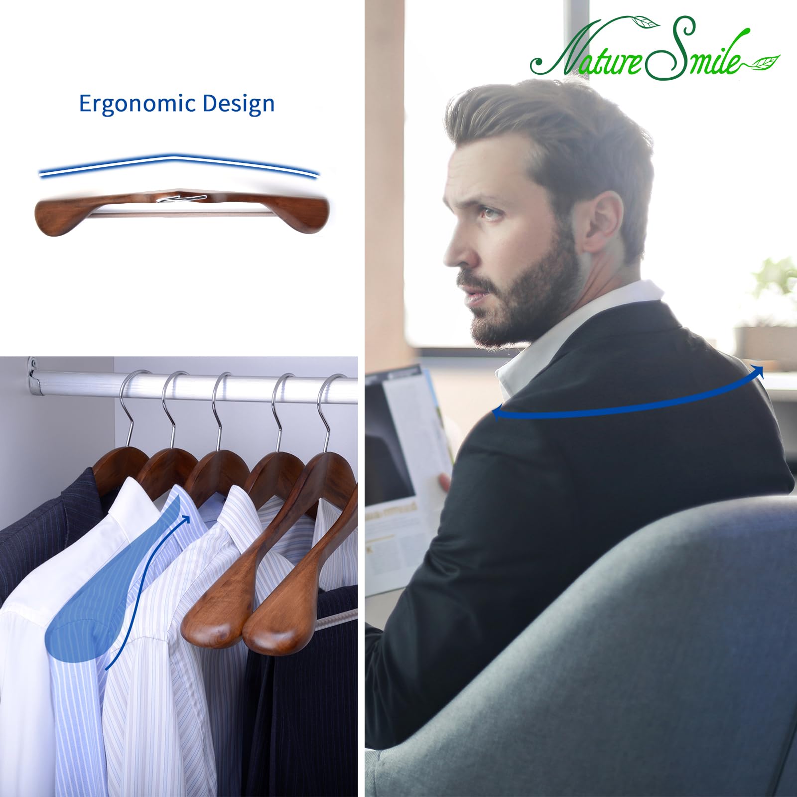 Nature Smile Luxury Wooden Suit Hangers 6 Pack Wood Coat Hangers Jacket Outerwear Shirt Hangers,with Extra-Wide Shoulder, 360 Degree Swivel Hooks & Anti-Slip Bar with Screw(Retro Color)