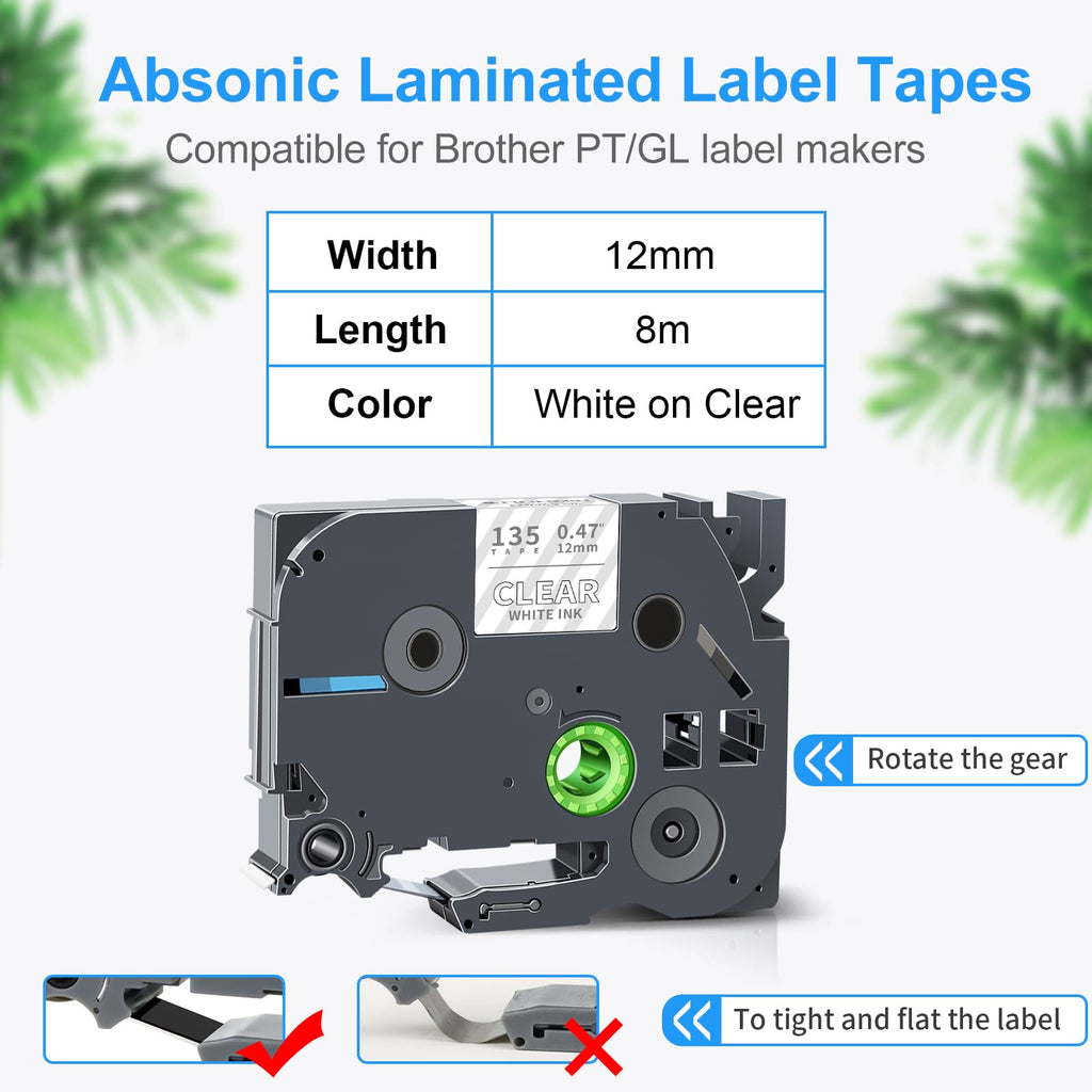 Absonic 3-Pack 12mm 0.47" Laminated White on Clear Label Tape Compatible for Brother Tze-135 Tz135 Tze135 Tz-135 P Touch Label Tape Tze Tz 12mm 1/2" Clear for PT-D400AD PT-D600 PT-H110 PT-1290 PT-1880