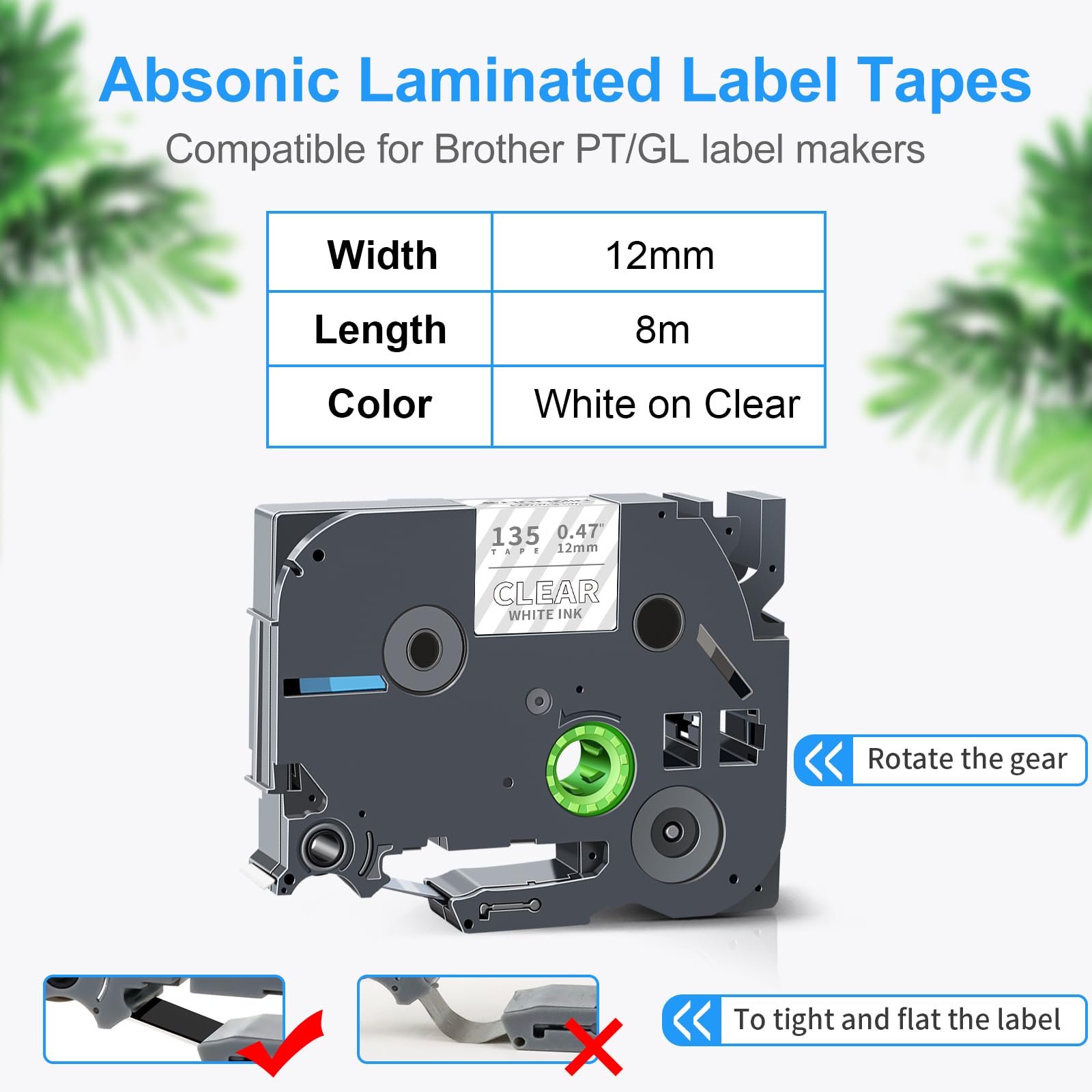 Absonic 3-Pack 12mm 0.47" Laminated White on Clear Label Tape Compatible for Brother Tze-135 Tz135 Tze135 Tz-135 P Touch Label Tape Tze Tz 12mm 1/2" Clear for PT-D400AD PT-D600 PT-H110 PT-1290 PT-1880