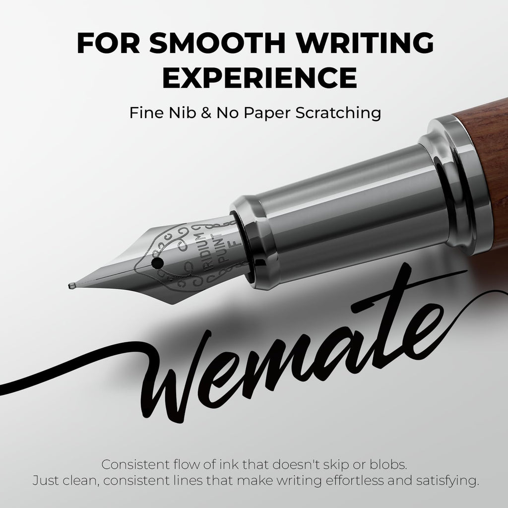 WEMATE Wood Fountain Pen with Ergonomic Grip, Fine Nib, 20 Ink Cartridges(10 Black&10 Blue), 1 Ink Converter, Smooth Writing&No Skips, Office Gift for Men, Professional