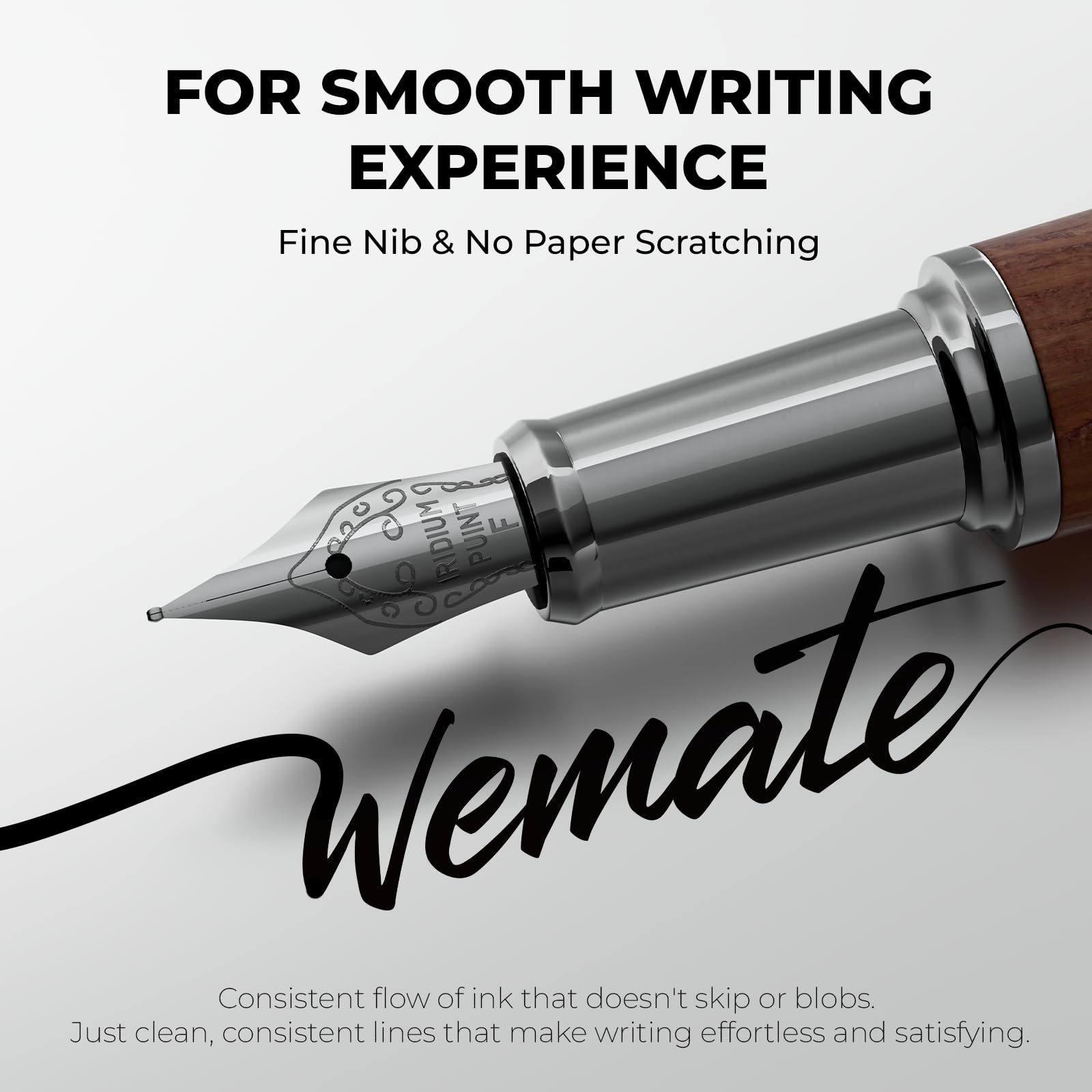 WEMATE Wood Fountain Pen with Ergonomic Grip, Fine Nib, 20 Ink Cartridges(10 Black&10 Blue), 1 Ink Converter, Smooth Writing&No Skips, Office Gift for Men, Professional