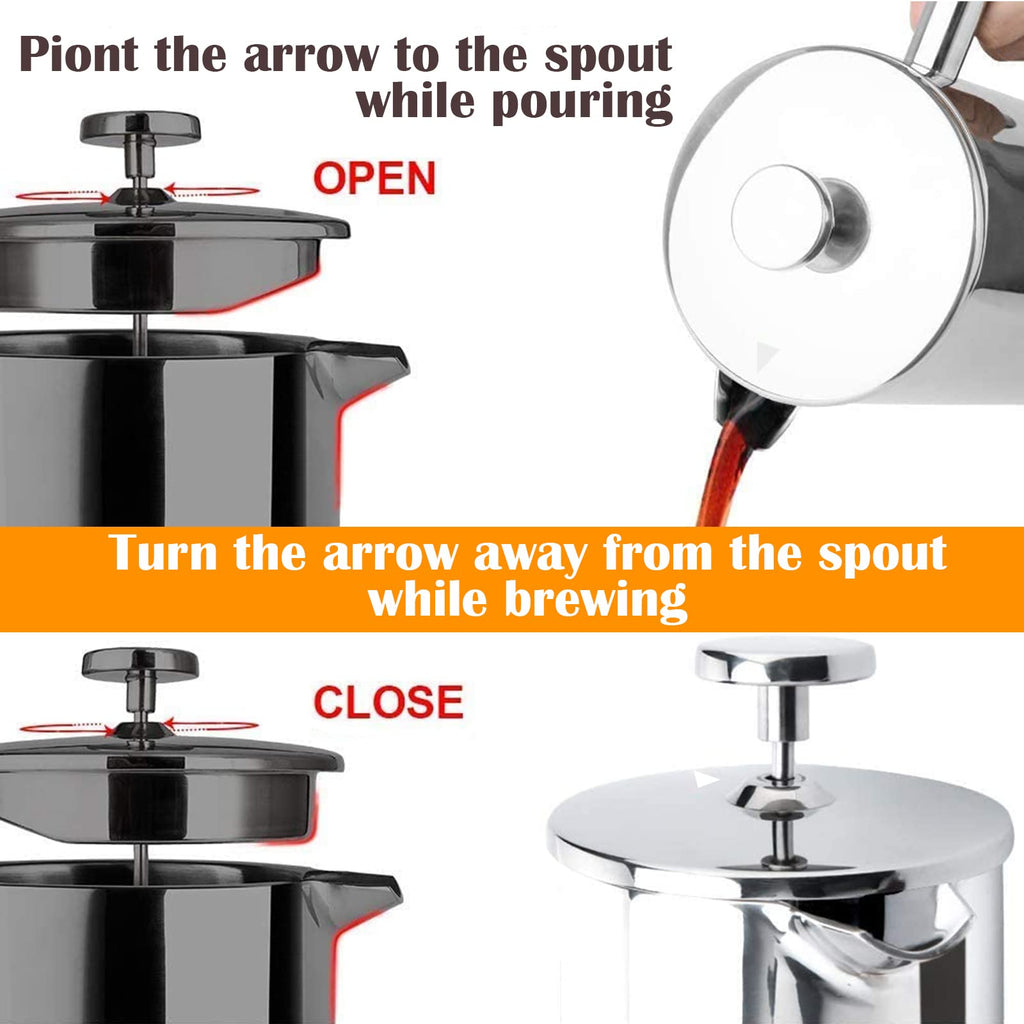 French Press Coffee Maker, Double Insulated 304 Stainless Steel Coffee Tea Maker 4 Level Filtration System, No Coffee Grounds, Rust-Free, Dishwasher Safe