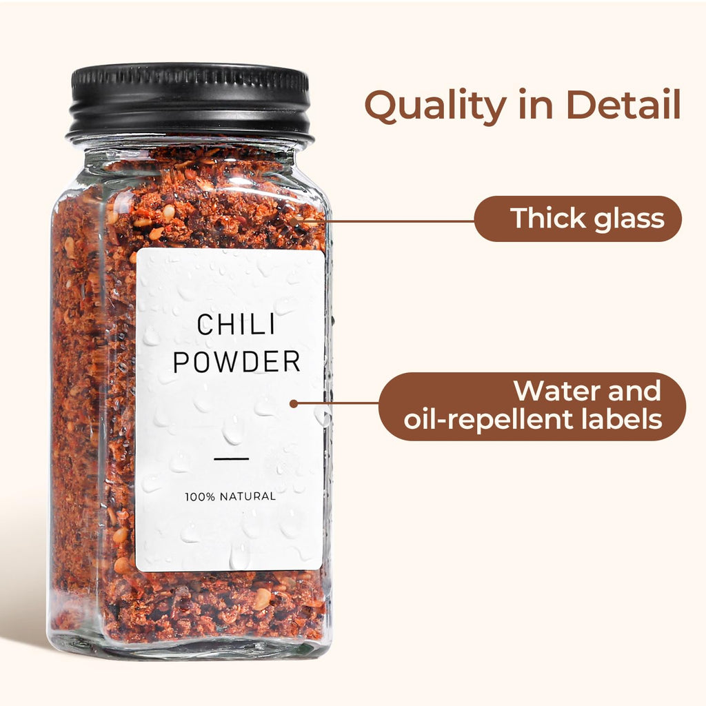 ComSaf 24Pcs 4oz Glass Spice Jars with Shaker Lids, 93 Labels, a Handy Funnel, a Pepper Grinder, Empty Spice Containers and Square Spice Bottles for Kitchen and Seasoning