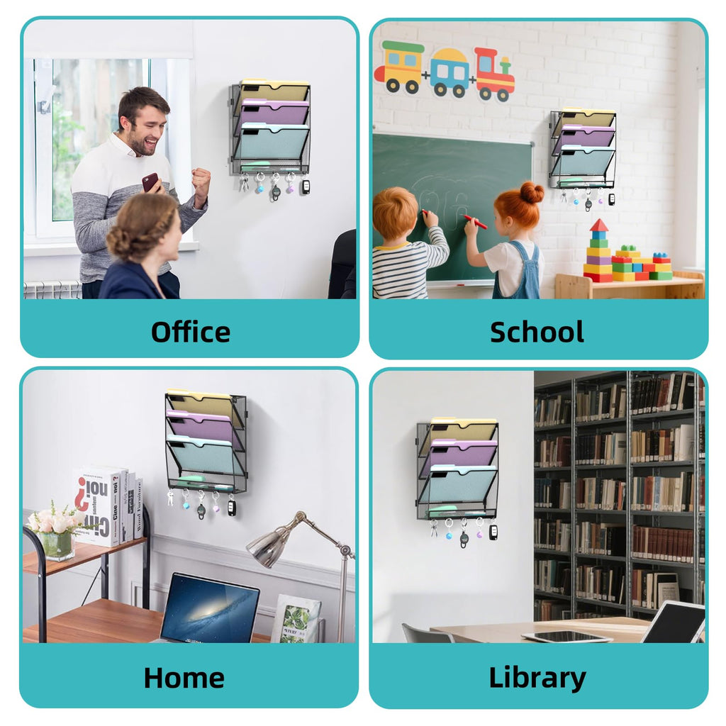 4 Tier Hanging Wall File Organizer with 5 Hooks, Mesh Wall File Holder Vertical Paper Organizer for Mail, Folders, Magazines, Bills, Office and School