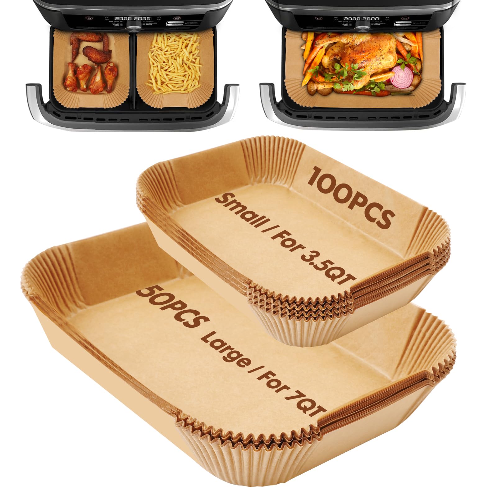 Eslotre Air Fryer Liners Disposable 150Pcs for Ninja Foodi DZ071 7-Qt/11-Qt/Instant 9 Qt Dualzone Flex Basket, 100Pcs Small Liners for Dualzone Flexbasket & 50Pcs Parchment Paper