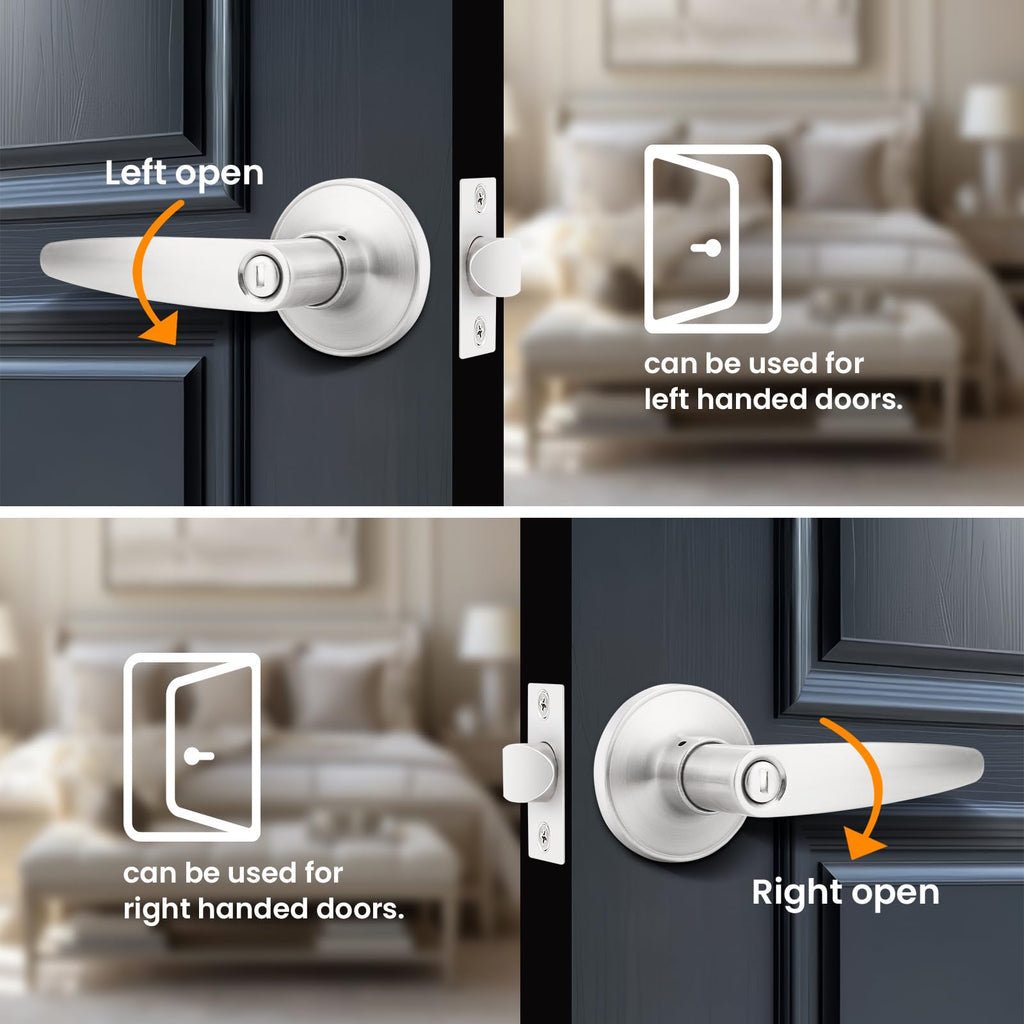 Probrico Door Handles Interior, Satin Nickel Door Lock for Bedroom, Levers Indoor Bed/Bath Handle With Lock, Privacy and Security, Left or Right Handed Doors