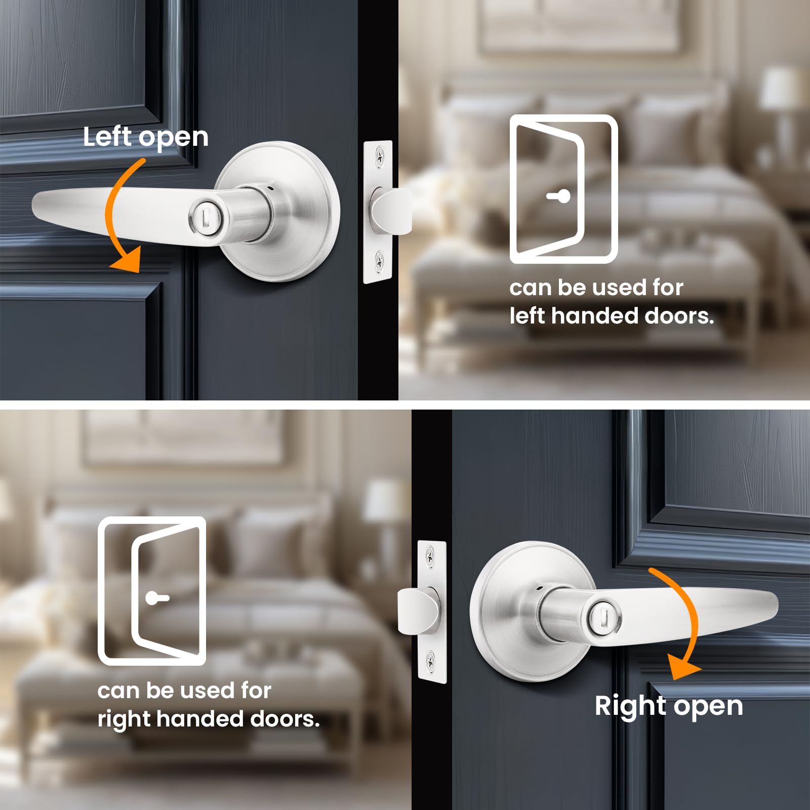 Probrico Door Handles Interior, Satin Nickel Door Lock for Bedroom, Levers Indoor Bed/Bath Handle With Lock, Privacy and Security, Left or Right Handed Doors