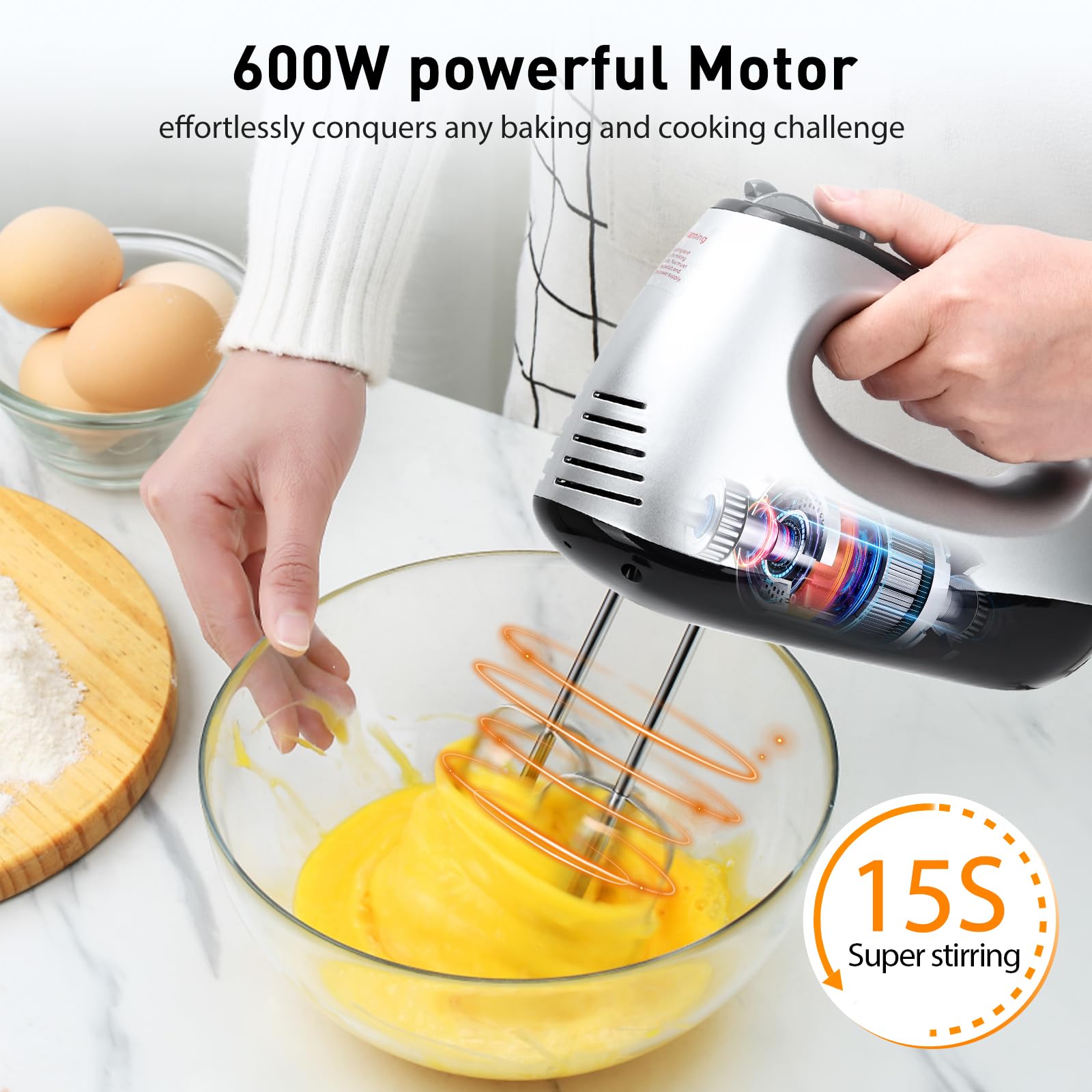 Hand Mixer Electric, Lychee 5 Speed 600W Ultra Power Handheld Mixer with Touch Button, Turbo, Storage Case, 6 Stainless Steel Accessories, Kitchen Aid Mixer for Cake Cookie Egg Cream Dough (Silver)