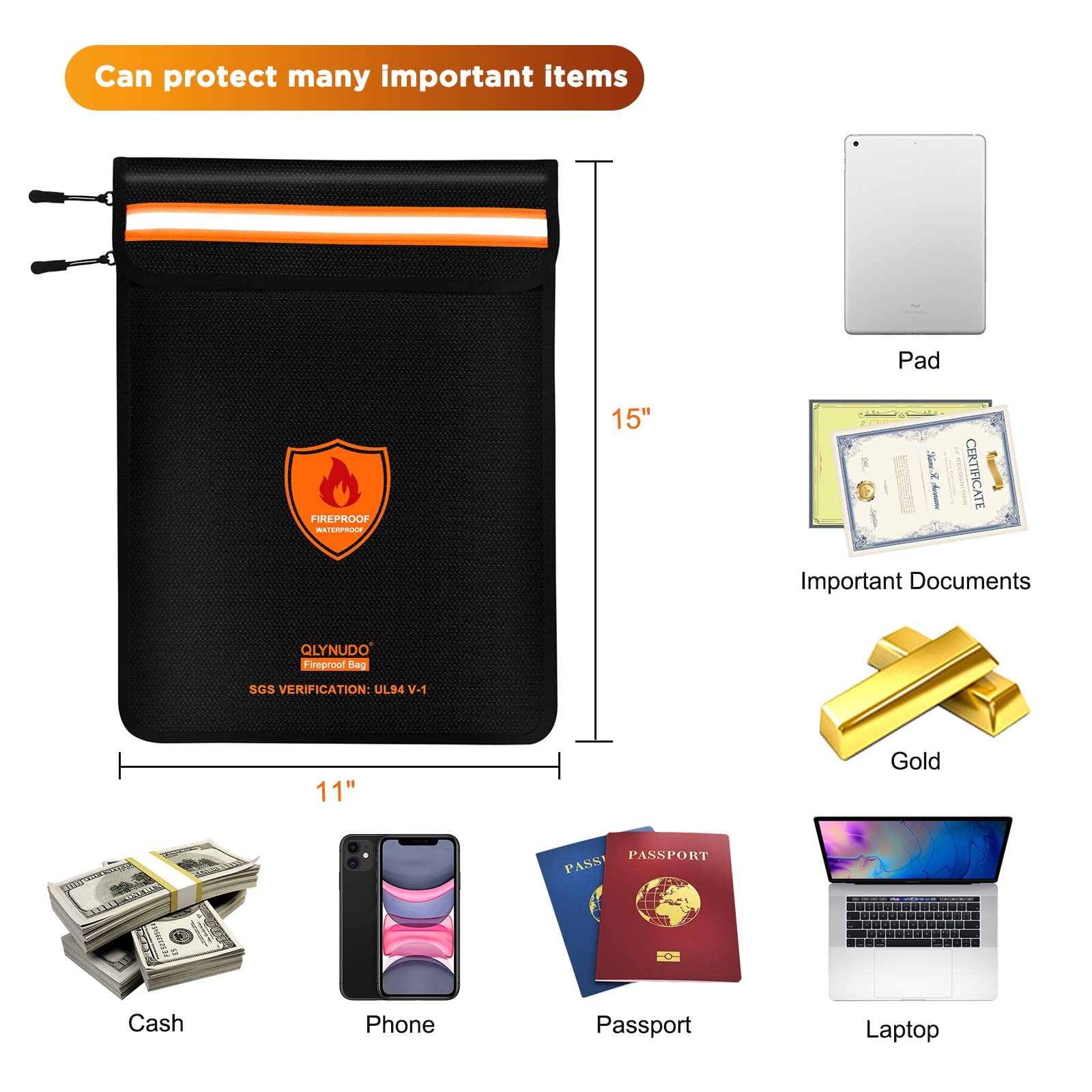 Fireproof Bag - Waterproof Document Bag with Zipper for Cash/important Documents/valuables (seal Protection), 15x11" (a4 Size), Fire Proof Pouch with Reflective Strip