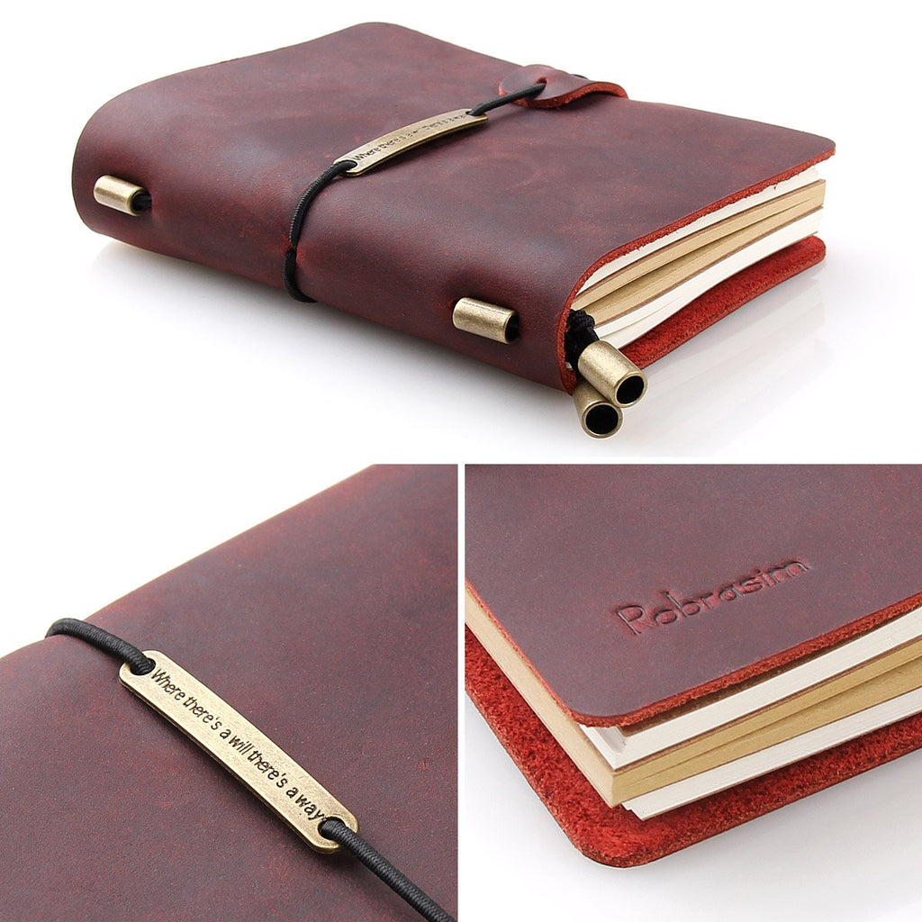 Refillable Handmade Traveler's Notebook, Leather Travel Journal Notebook for Men & Women, Perfect for Writing, Gifts, Travelers, 5.2" x 4" Inches - Wine