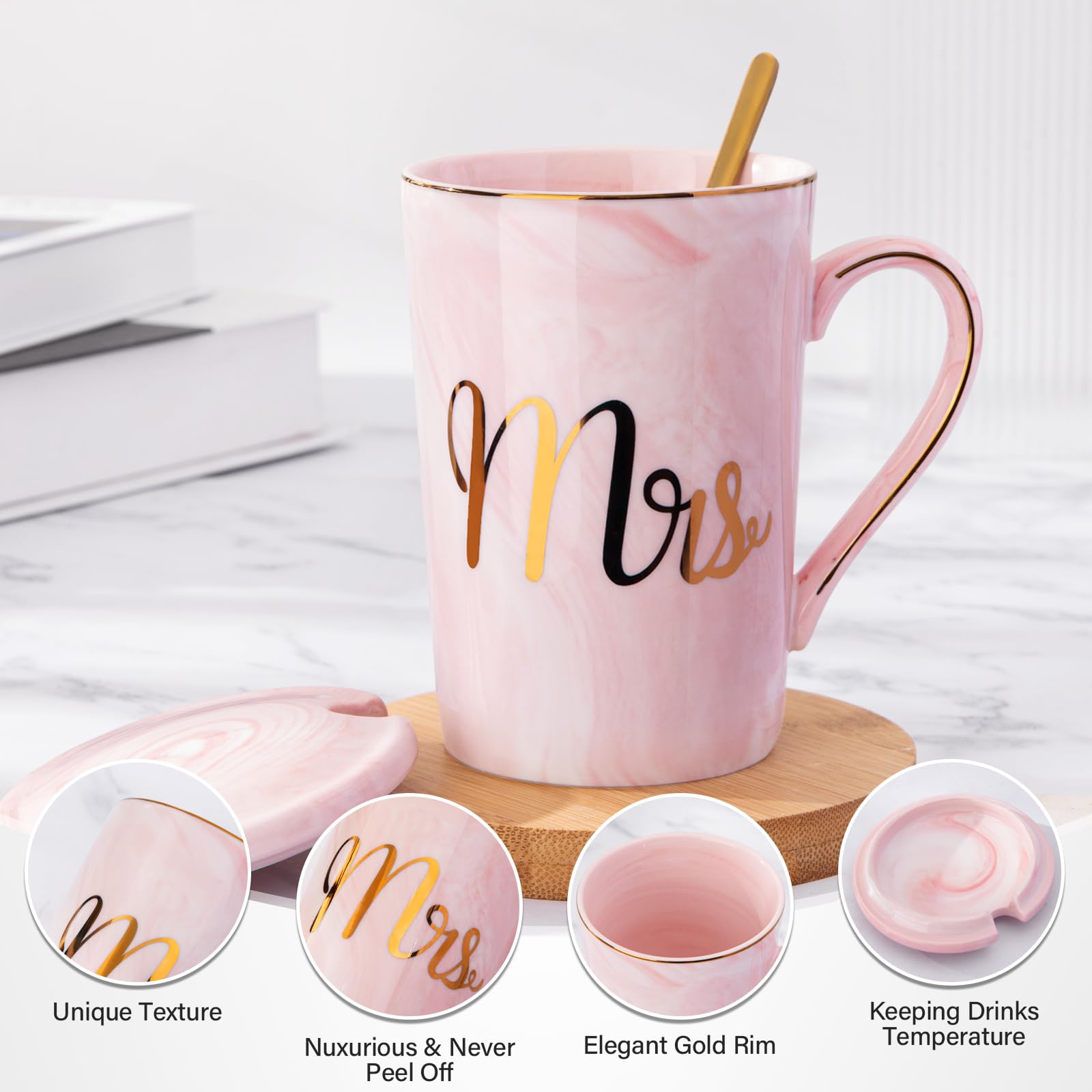 Mr and Mrs Coffee Mug - Wedding Present for Bride and Groom - Bridal Shower Engagement - Married Couples Marble Ceramic Coffee Cups 14oz