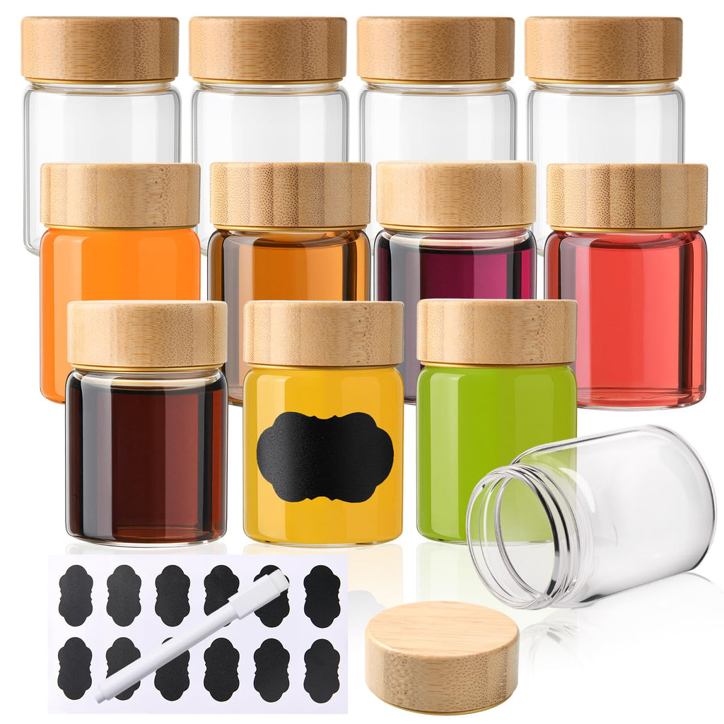 BPFY 12Pack Borosilicate Glass Wellness Shot Bottles with Bamboo Lids, 2oz Small Ginger Shots Bottles, Reusable Mini Glass Bottle for Juice Shots, Homemade Beverages, Liquid (60ml)