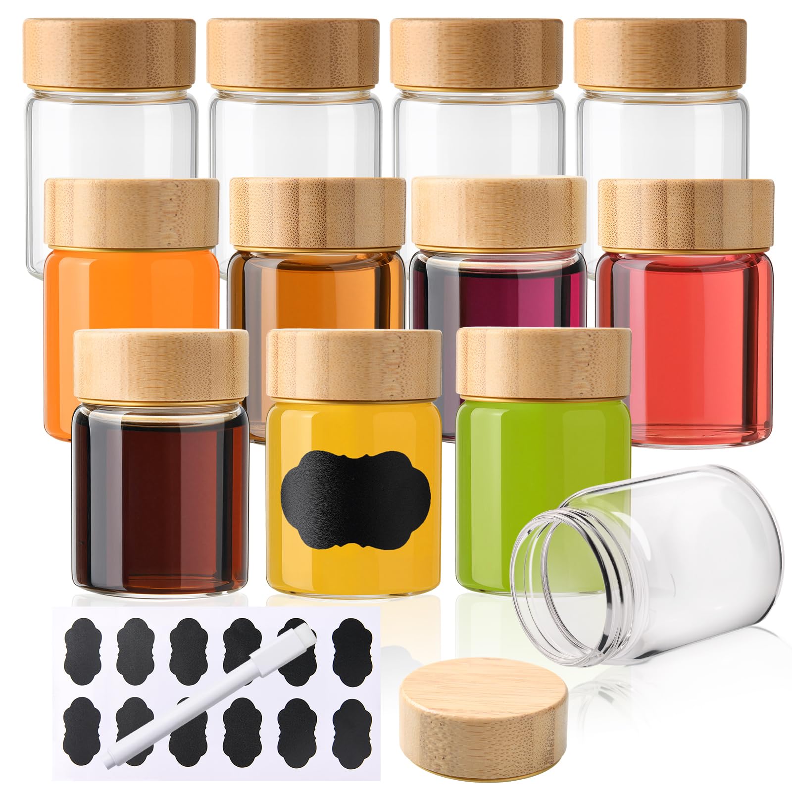 BPFY 12Pack Borosilicate Glass Wellness Shot Bottles with Bamboo Lids, 2oz Small Ginger Shots Bottles, Reusable Mini Glass Bottle for Juice Shots, Homemade Beverages, Liquid (60ml)