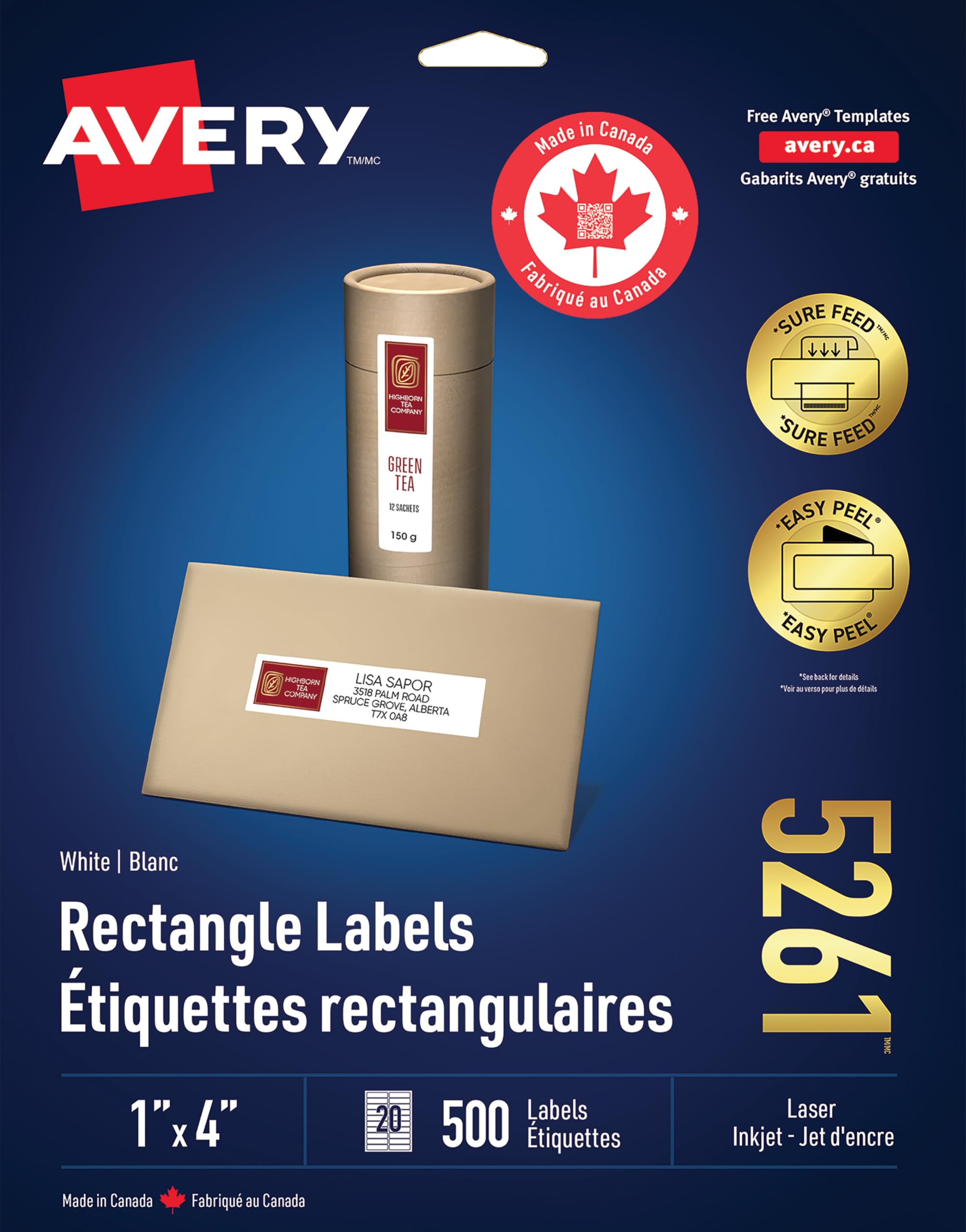 Avery White Rectangle Labels with Easy Peel for Laser Printers, 1" x 4", 500 Labels, Permanent (5261) Made in Canada
