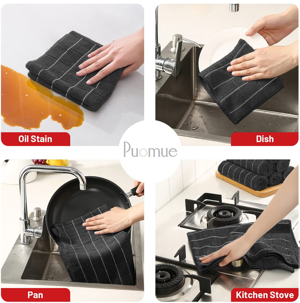Puomue Microfiber Kitchen Towels and Dishcloths Set, 26 X 18 Inch and 12 X 12 Inch, Set of 12 Bulk Lint Free Dish Towels for Drying Dishes, Black