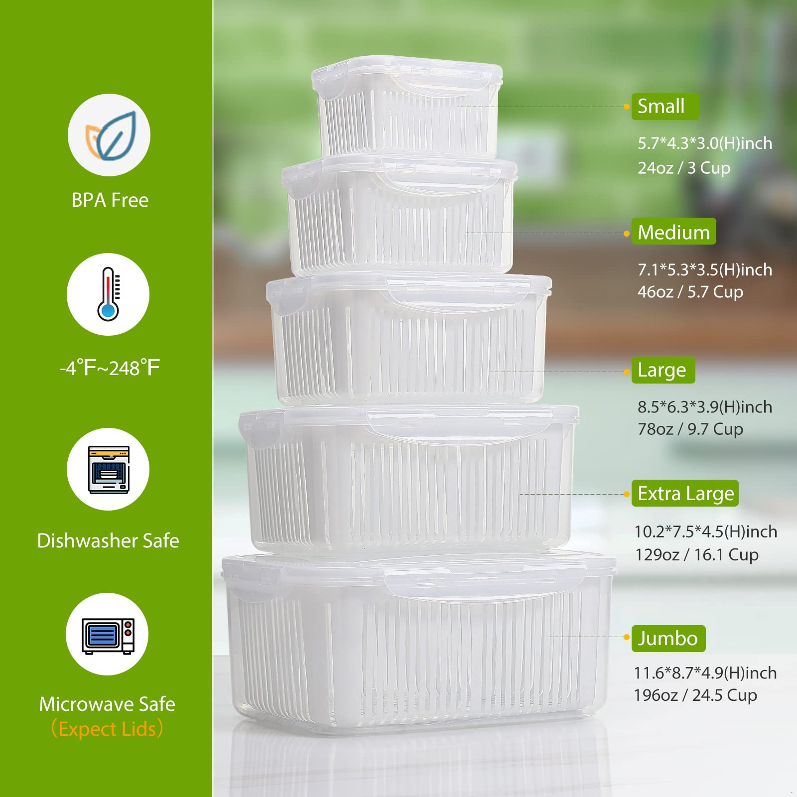 5Pack Fresh Food Storage Containers Fridge,Luxear Microwave Dishwasher Safe Produce Saver Box with Handle,Drain Baskets&Lid,BPA Free Fresh Keeper Refrigerator Organizer for Fruits,Vegetable,White