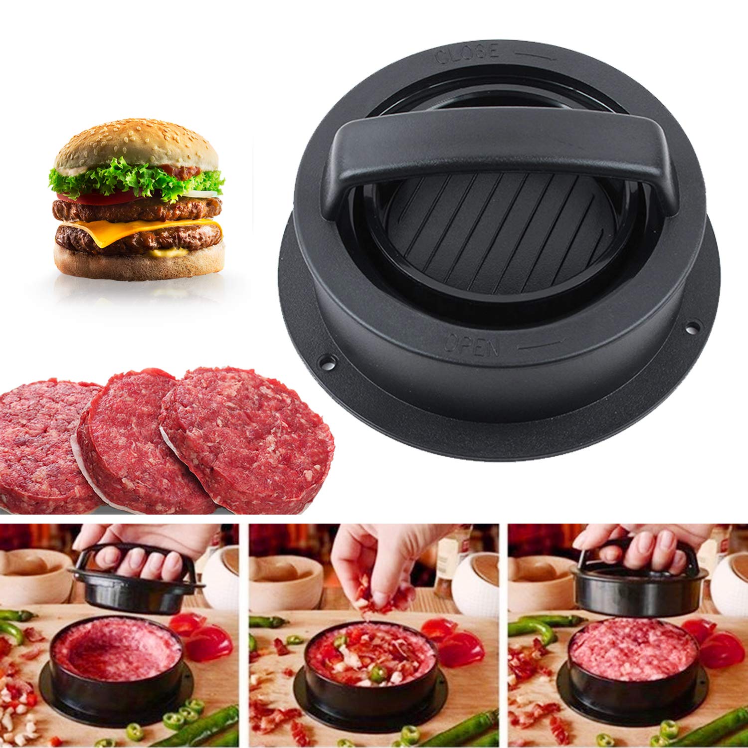 Burger Press, Different Size Hamburger Patty Molds, 3 in 1 Hamburger Patty Maker, Works Best for Stuffed Burgers, Sliders, Regular Beef Burger, Non Stick Kitchen Barbecue Tool Grilling Accessories