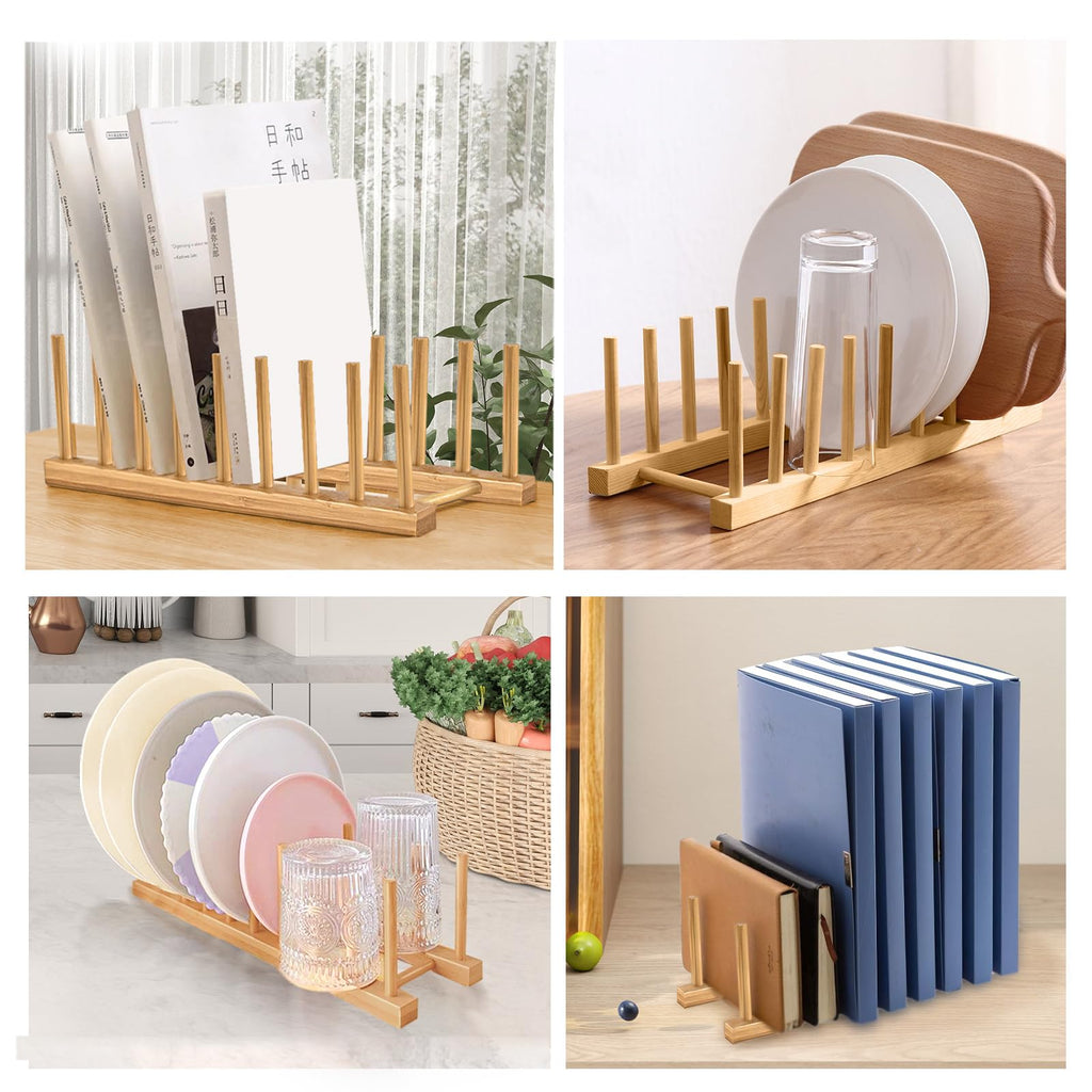 2PCS Bamboo Dish Rack, 8 Slots Wooden Plate Rack, Dish Stand Holder Vertical Drainer Kitchen Cabinet Organizer for Dish, Pots, Lids, Bowls, Cups,Cutting Board and More