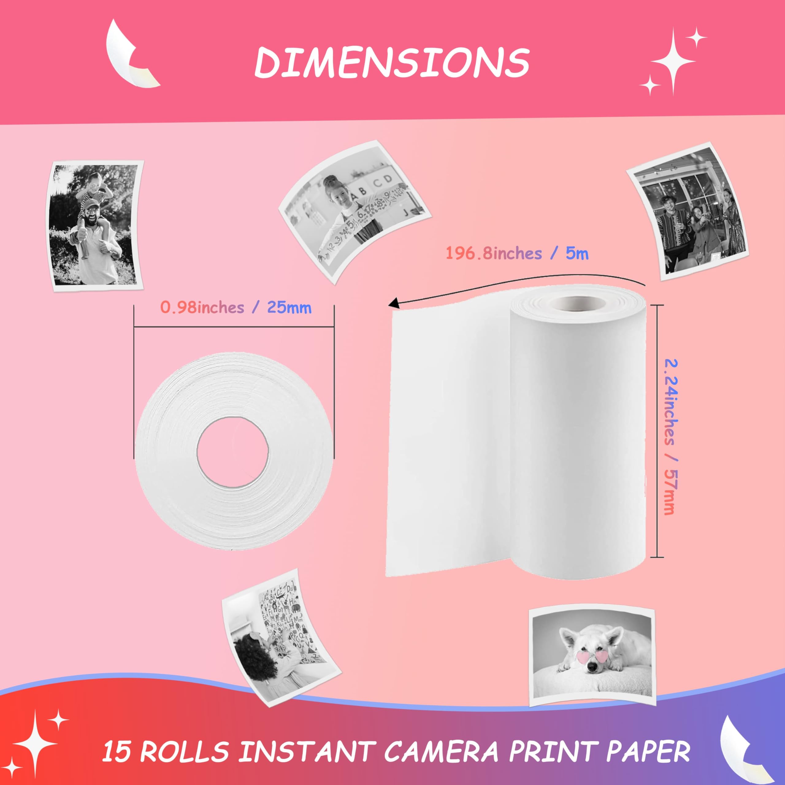 15 Rolls Instant Camera Refill Print Paper, HD Print Camera Paper Refill for Most Kids Instant Camera, Compatible with ESOXOFFORE/Dylanto/DUDUDRAGON/Cimizi Instant Camera, BPS/BPA-Free