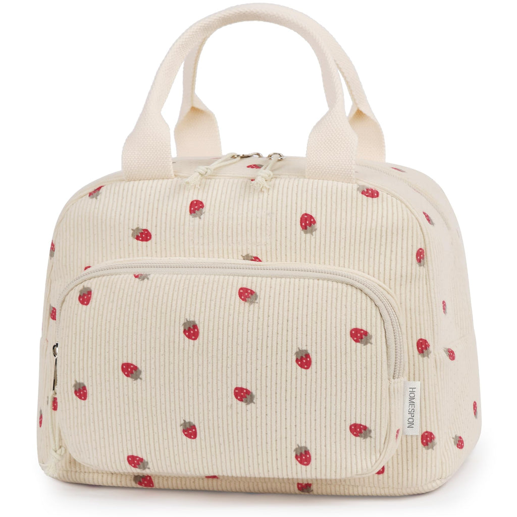 HOMESPON Lunch Bag for Women Men Adults with Front Pocket Cute Corduroy Insulated Lunch Tote Large Capacity Lunch Box Cooler Container for Work Picnic or Travel (Strawberry Beige)