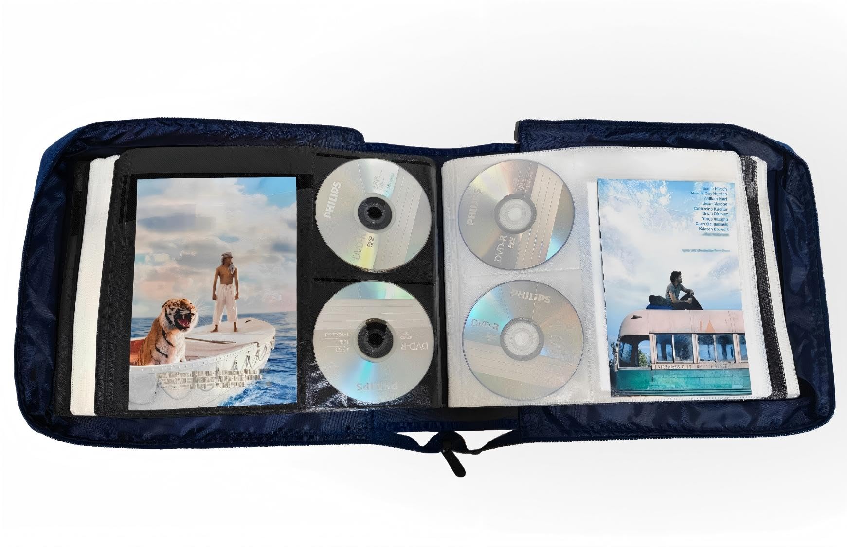 DVD CD Storage Case with Extra Wide Title Cover Pages for Blu Ray Movie Music Audio Media Disk (Portable Carrying Binder Holder Wallet Album Home Organizer)- Blue, 128 disk units, 64 booklet pockets