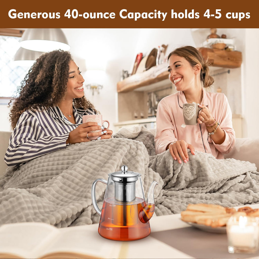 Glass Teapot, Zpose 1200ml Teapot with Removable Loose Tea Infuser, Clear Borosilicate Glass Tea Pot with Scale Line, Tea Pots Set for Loose Leaf Tea and Blooming Tea, Gift Box for Tea Maker