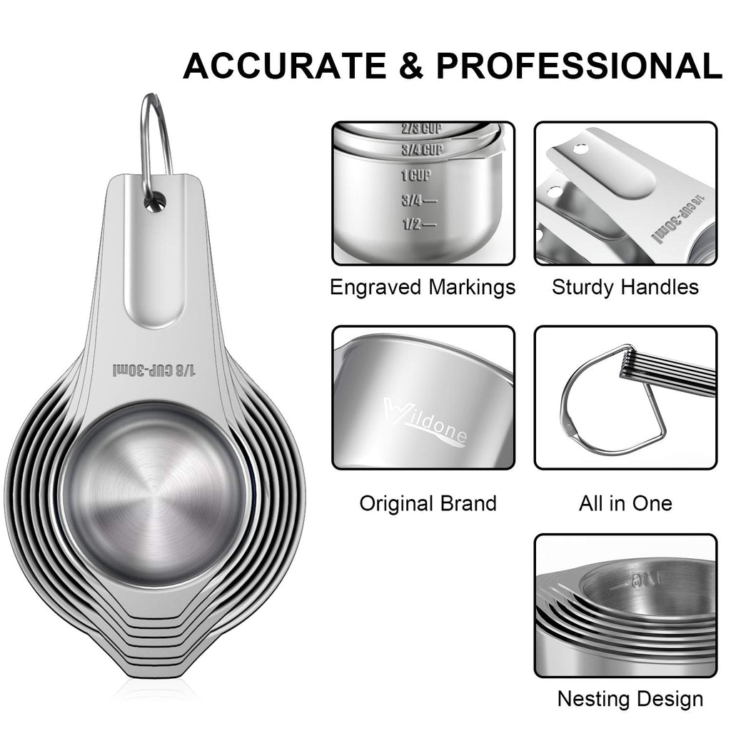 Wildone Measuring Cups & Spoons Set of 21 - Includes 7 Stainless Steel Nesting Measuring Cups, 8 Measuring Spoons, 1 Leveler & 5 Mini Measuring Spoons, Ideal for Dry and Liquid Ingredients