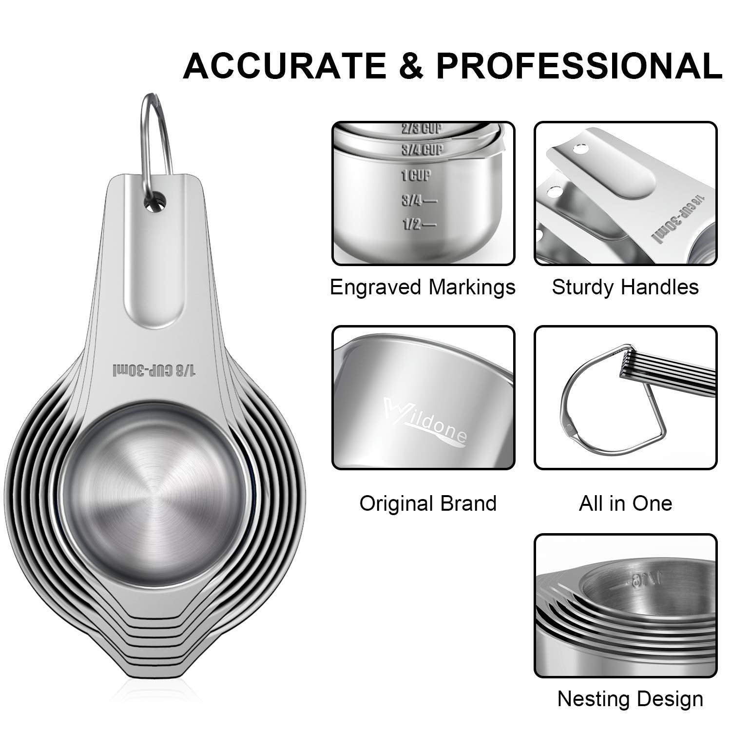 Wildone Measuring Cups & Spoons Set of 21 - Includes 7 Stainless Steel Nesting Measuring Cups, 8 Measuring Spoons, 1 Leveler & 5 Mini Measuring Spoons, Ideal for Dry and Liquid Ingredients