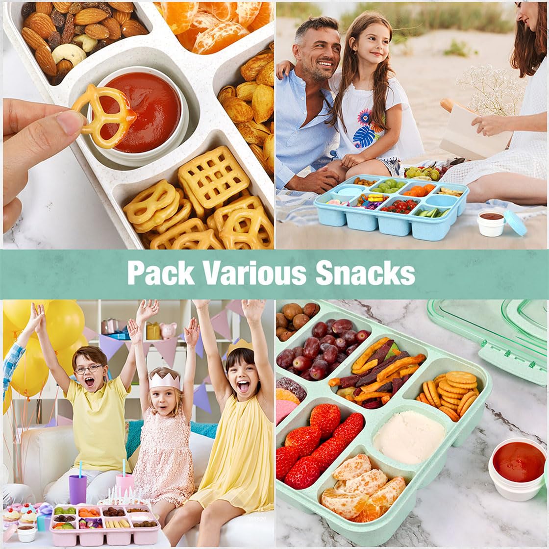 Caperci Large Snack Box Container - 10-Compartment Divided Serving Tray with Lid and Handle & 2 Dip Containers, Dishwasher Safe, Leak-Proof, Wheat Straw, BPA-Free (Pink)