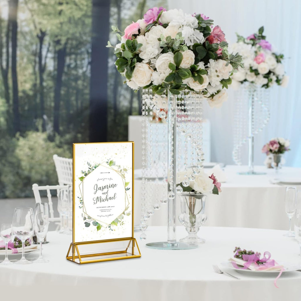Gold Frames 5 x 7 inch/ 13x18 cm 6 Pack, Acrylic Picture Frame Double Sided Stand, Table Number Sign Set Holders, Clear Menu Flyer Display Floating Desk Stands for Wedding, Party, Restaurant - Vertical