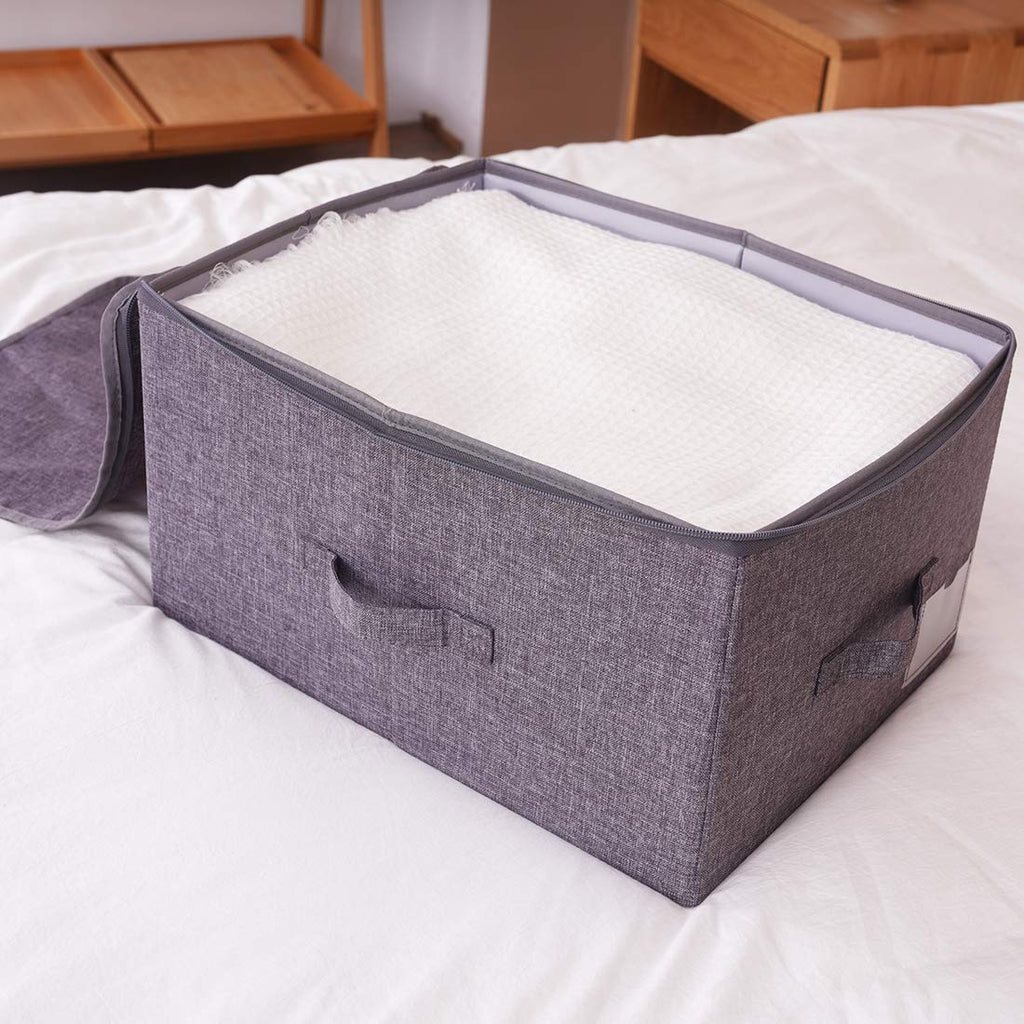Pack of 2, Zip Lid Stackable Storage Boxes for Clothes Organizer in Wardrobe, Folding & Washable, Black Gray
