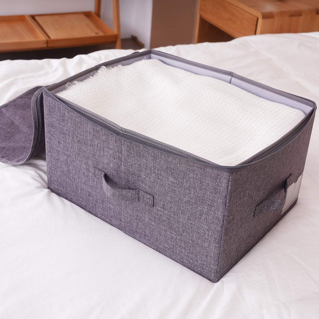 Pack of 2, Zip Lid Stackable Storage Boxes for Clothes Organizer in Wardrobe, Folding & Washable, Black Gray