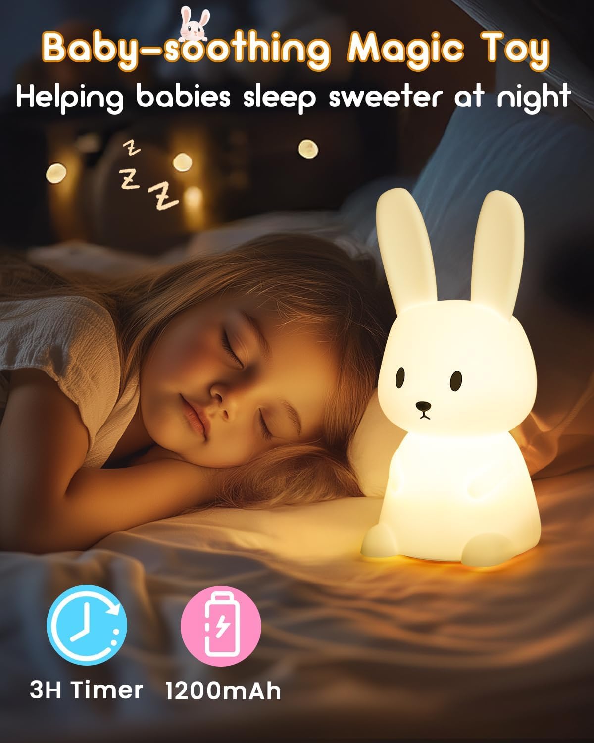OPDOS Bunny Night Light for Kids Room, 7 Color Changing LED Portable Touch Lamp with Timer, USB Rechargeable Silicone Rabbit Nightlight for Baby Children Nursery Toddler Girl Kawaii Birthday Gift