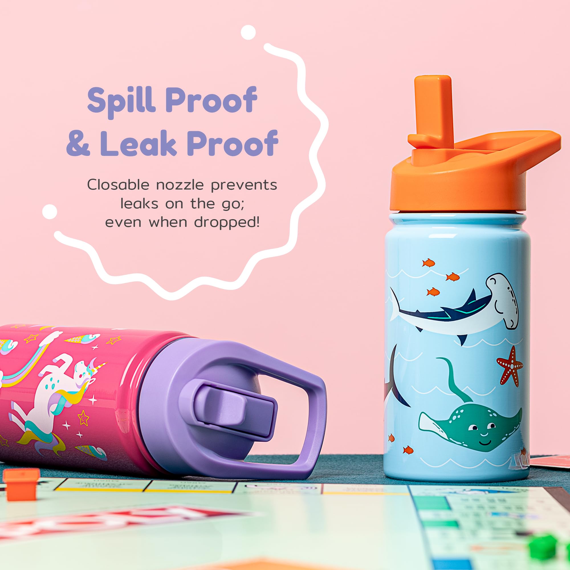 BOZ Kids Insulated Water Bottle with Straw Lid - Two-Pack Shark/Dinosaur Stainless Steel Vacuum Double Wall Toddler Water Bottle, 14 oz (414ml) Scratch-Resistant and Dishwasher-Safe Kids Water Bottle