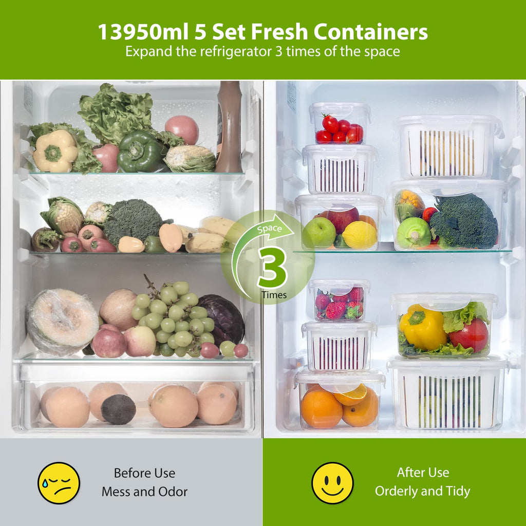 5Pack Fresh Food Storage Containers Fridge,Luxear Microwave Dishwasher Safe Produce Saver Box with Handle,Drain Baskets&Lid,BPA Free Fresh Keeper Refrigerator Organizer for Fruits,Vegetable,White