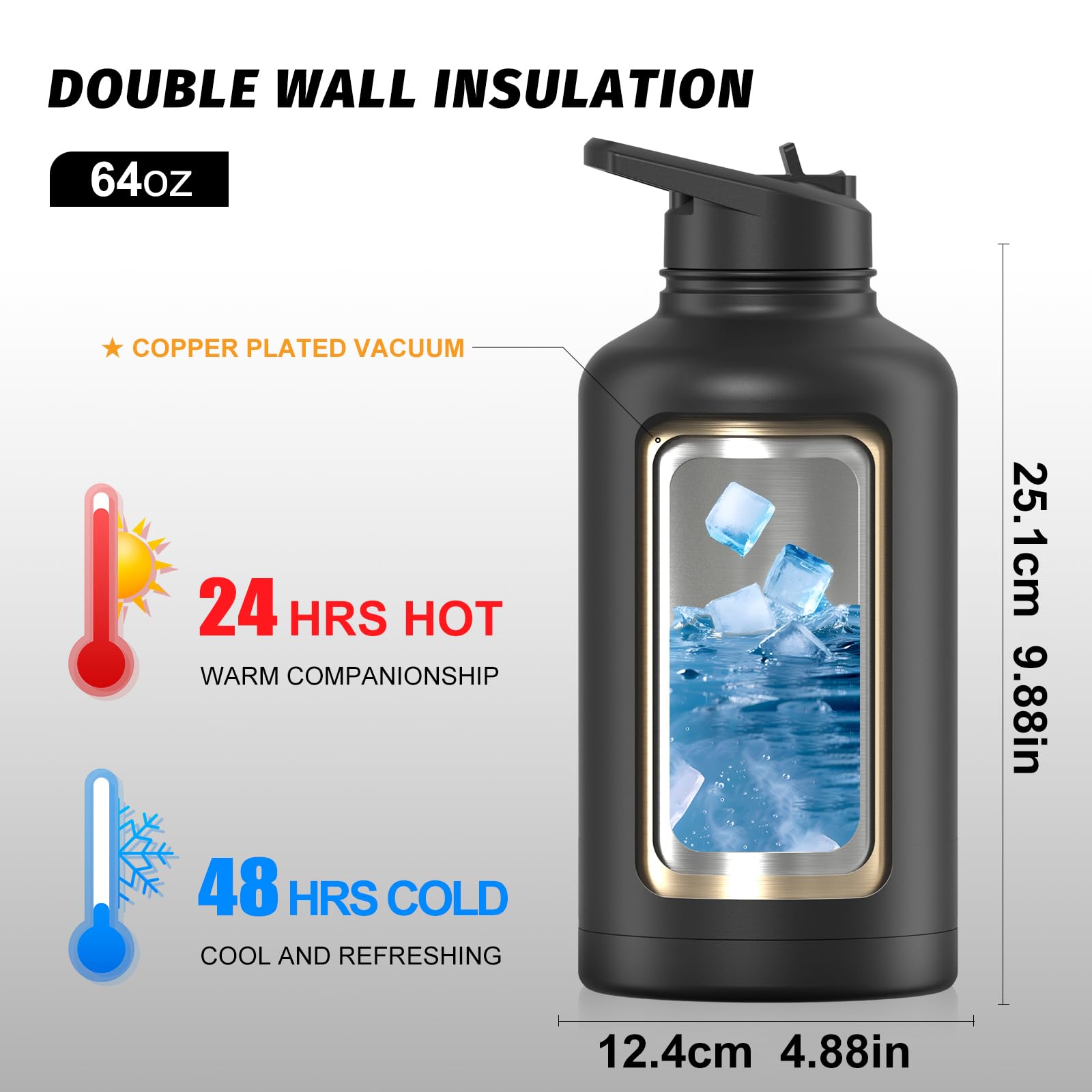 64oz Insulated Water Bottle (Cold for 48 Hrs),BPA Free&Leak Proof,Half Gallon Stainless Steel Water Flask,Water Jug with Straw Spout Lids for Gym,Hiking,Camping,Black