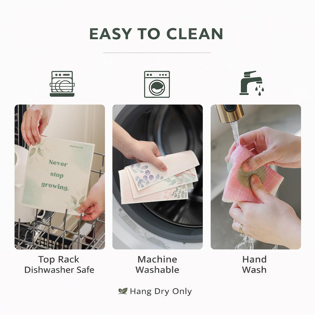 ReReem Swedish Dish Cloths – 6-Pack Reusable, Biodegradable Cellulose & Cotton Cleaning Towels – Plant Lover