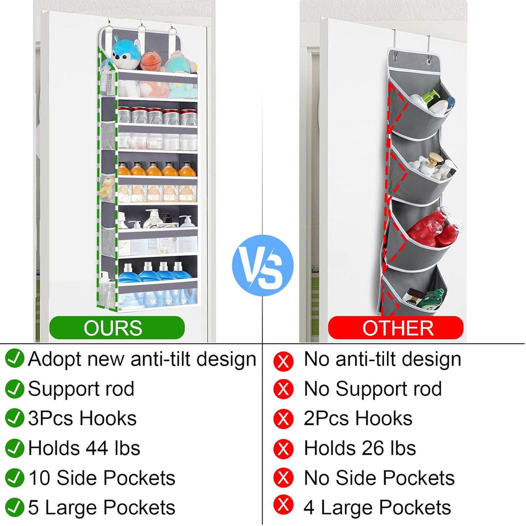 lazywoodpecker Over The Door Organizer Storage, Anti Tilt Hanging Door Organizer, with 5 Large Pockets 10 Mesh Side Pockets 44 lbs Weight Capacity, for Bathroom,Nursery (Grey, 5 Pockets)