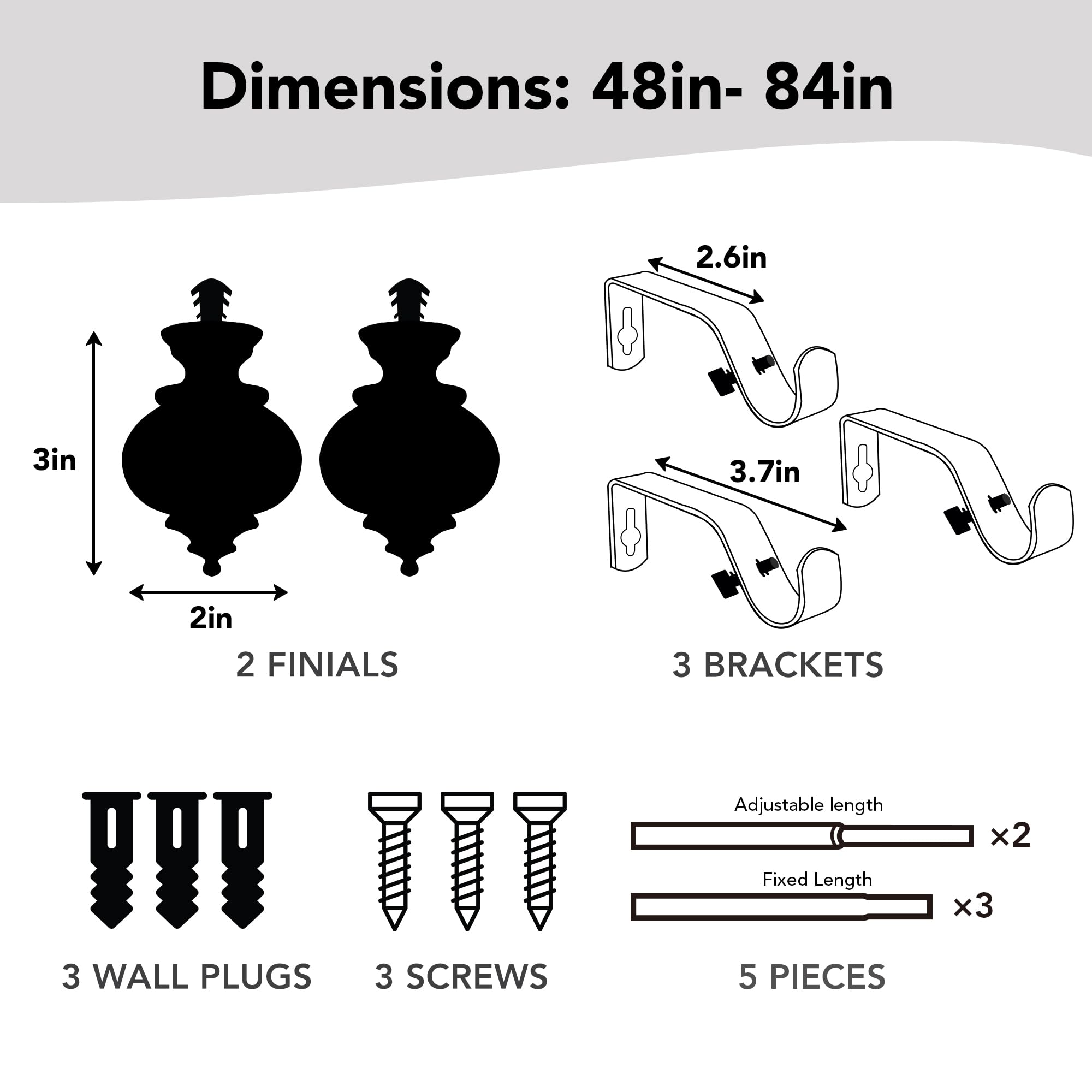 Deconovo Black Curtain Rods for Windows 48 to 84 Inches, Adjustable Decorative Single Window Curtain Rod Set, Curtain Rods 3/4 Inch Diameter Steel Tube with Black Finials